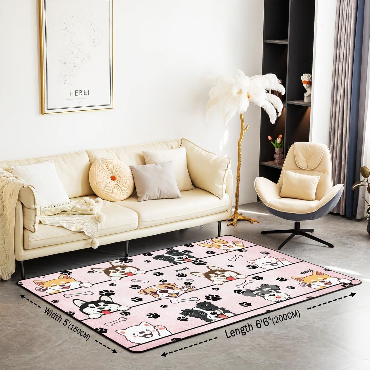 Manfei Cute Dog Rug 3'x5'(100cmX150cmX1cm),Cartoon Puppy Pet Animals Decor Area Rug for Women Men,Black Paw Bone Print Pink Non Shedding Rug for Bedroom Playroom Living Room