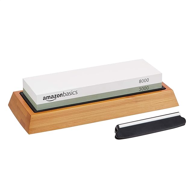 Amazon Basics Whetstone Knife Sharpening wet stone - Dual-Sided 3000/8000 Grit with Non-Slip Bamboo Base