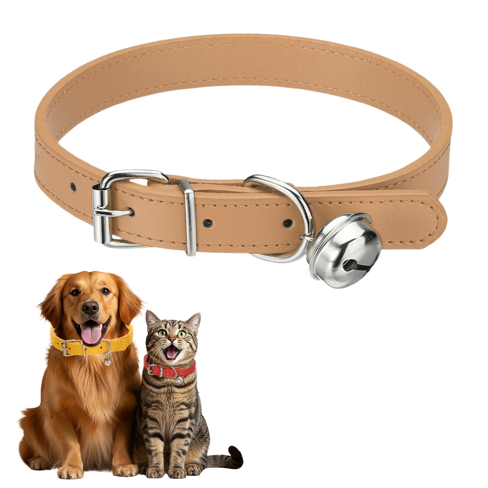 sourcing map Dog Collar with Bell, Pu Leather Cat Collars Pet Basic Soft Padded Adjustable Buckle, 20" (Khaki, 1 Pcs), Intended for Teacup/Little Dog/Kitten Cats/Small Animals