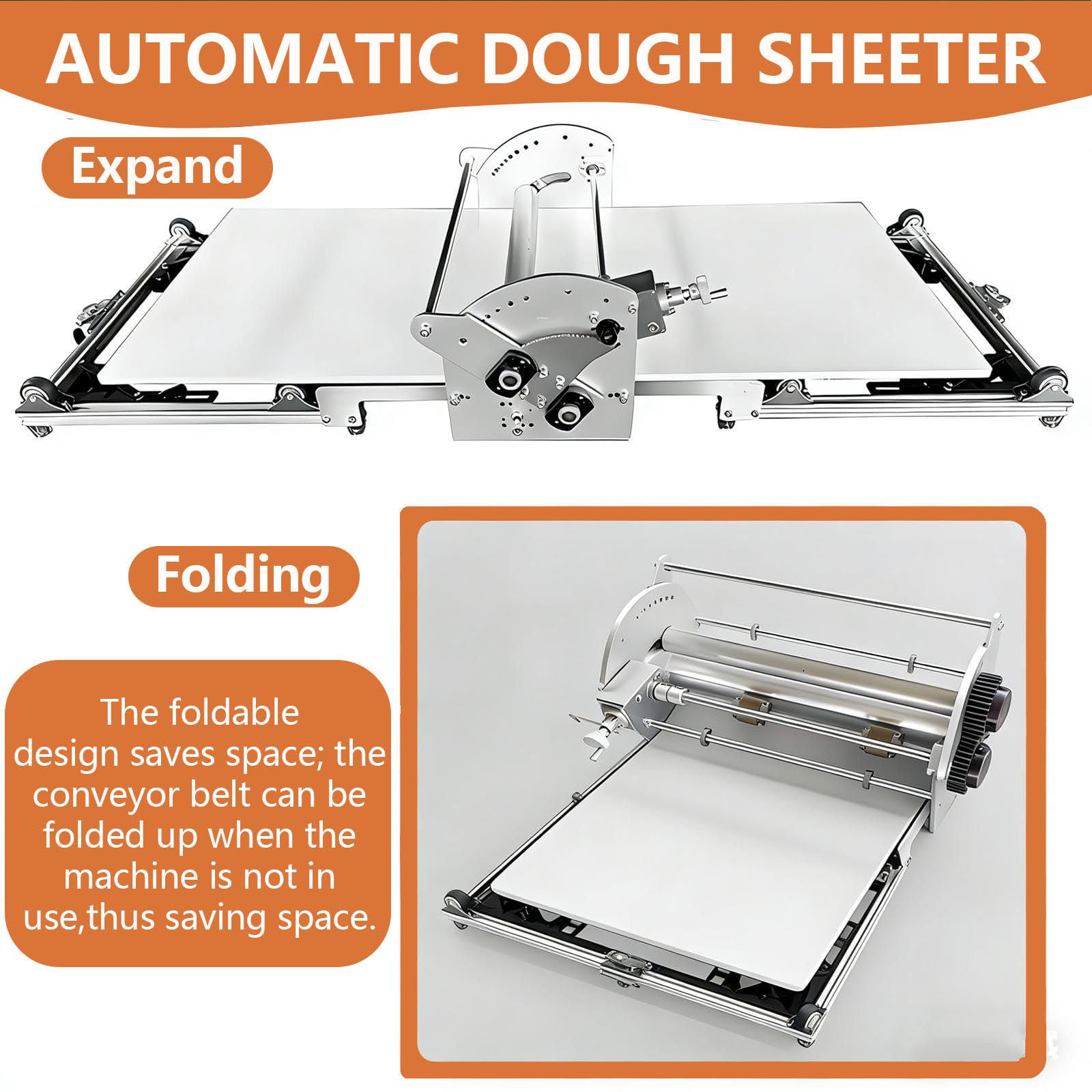 Compact elektrische Dough Rolling Machine, elektrische Foldable Dough Sheeter, Stainless Steel Pastry Roller with Adjustable Thickness 2mm-30mm, Commercial & Home Use