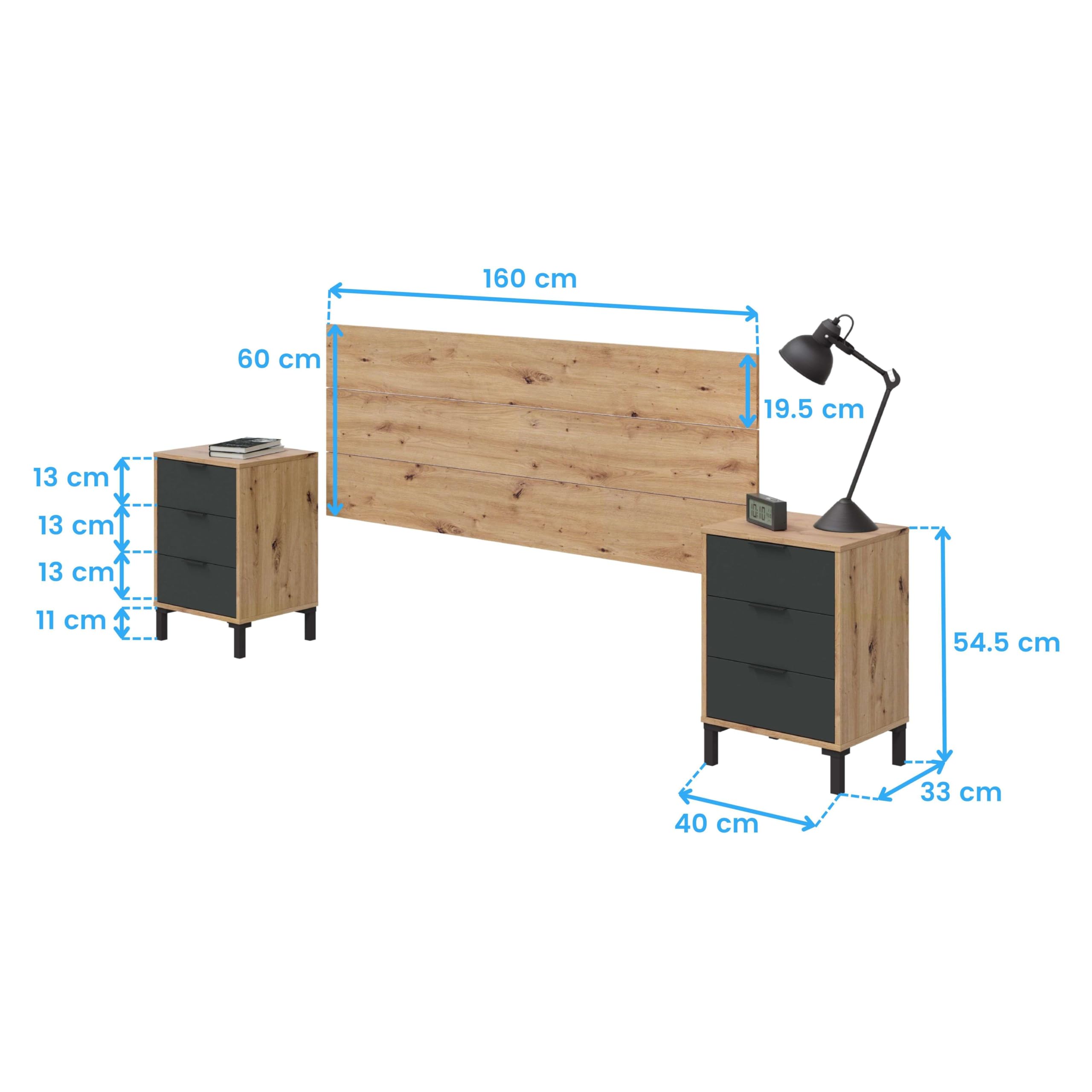 Testina + 2 comodini di notte, testiera per letto matrimoniale, modello Enzo, finitura in rovere Nodi e grigio antracite, Dimensioni: 160 cm (larghezza) x 60 cm (altezza) x 2,5 cm (profondità)