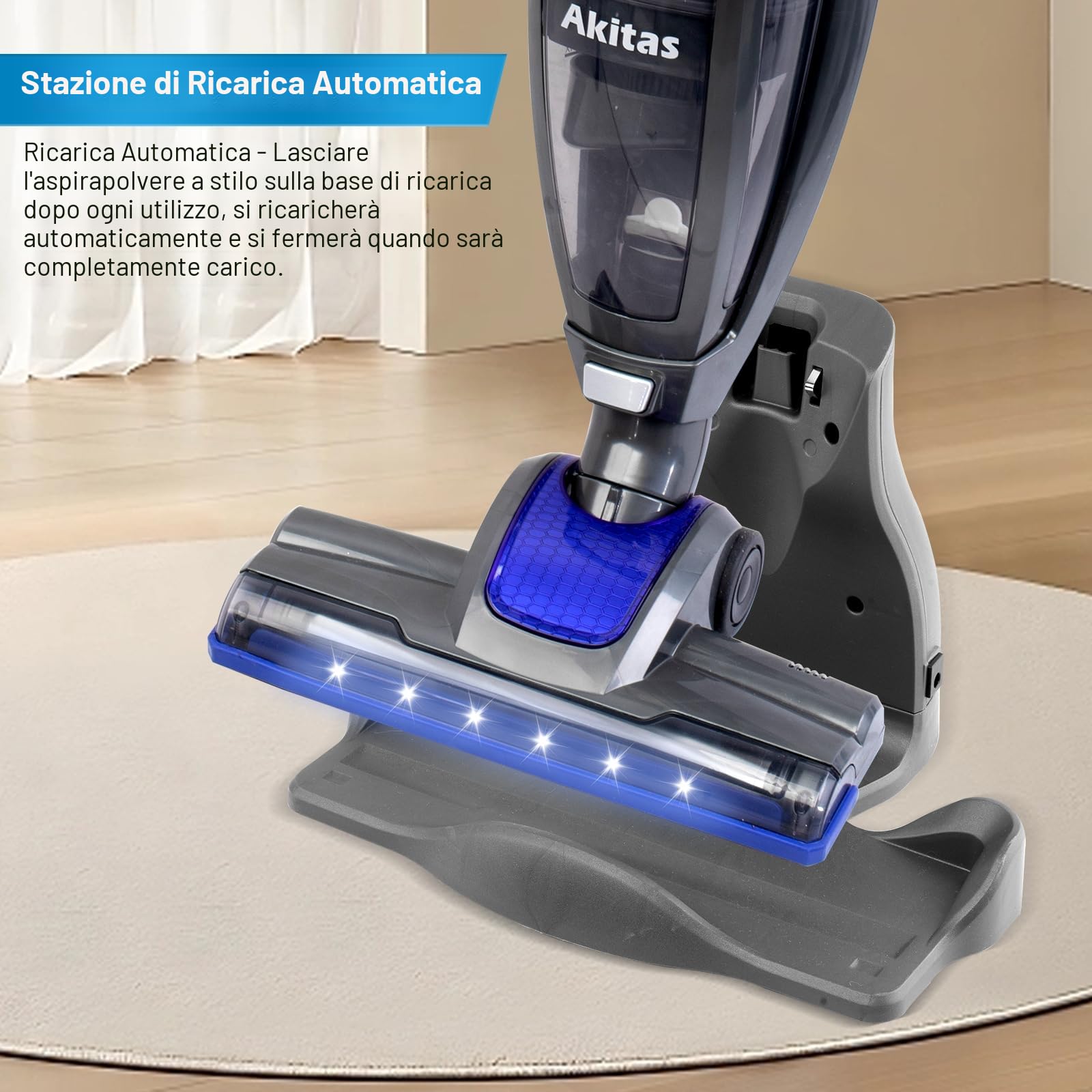Akitas U10 2in1 Potente Aspirapolvere Senza Fili Scopa Elettrica Verticale a Batteria Leggero 22,2v 150W con Batteria al Litio Ricaricabile per Pavimenti, Tappeti e Peli degli Animali Domestici