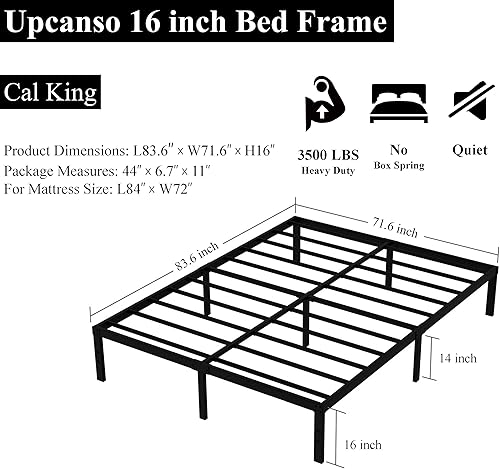 Miniatura 47 de Marco de cama de metal California King, plataforma de almacenamiento resistente de 14 pulgadas con soporte de listones de acero de 2500 libras,