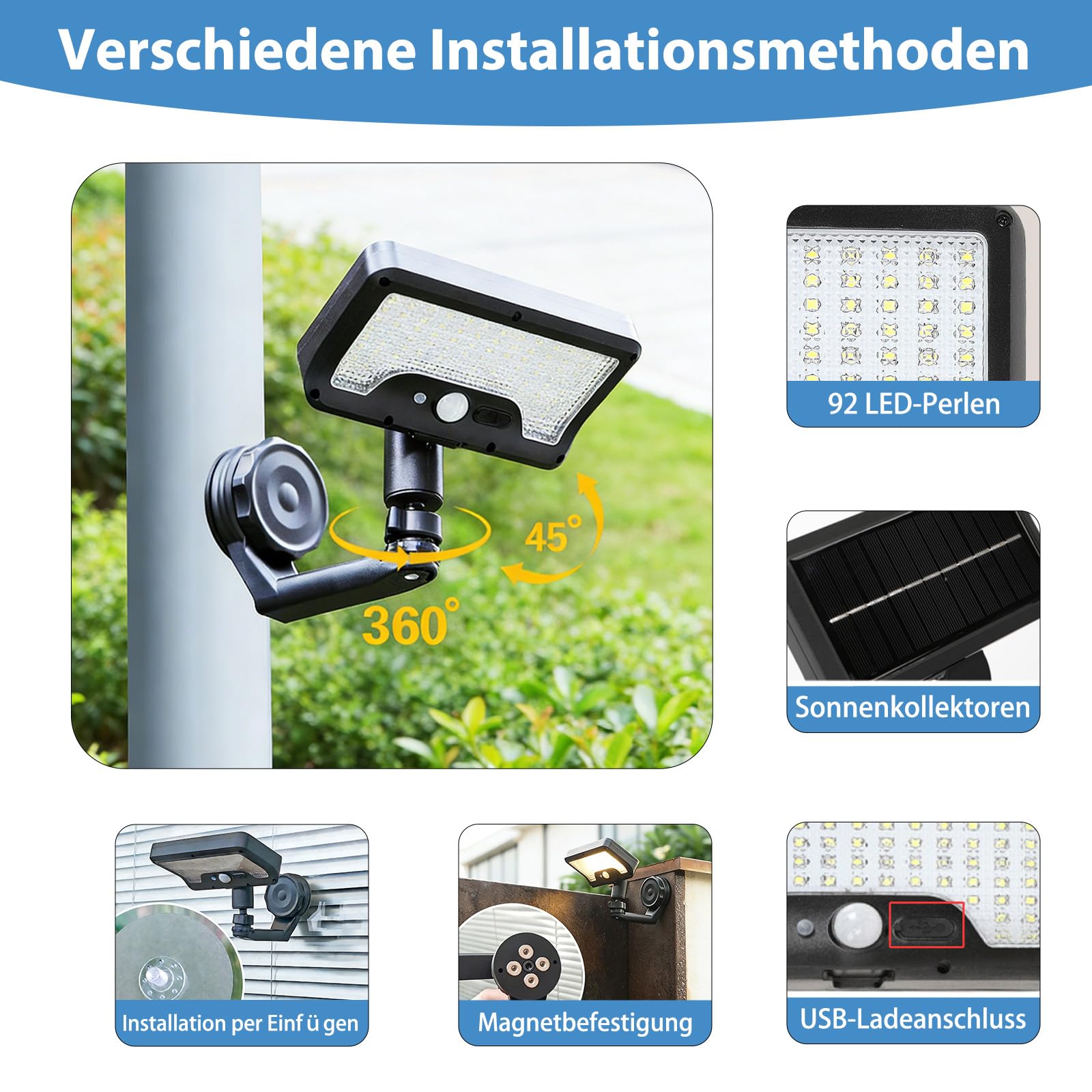 Justup 2 luci solari magnetiche per esterni, con sensore alimentate tramite USB, con supporto girevole a 360° e 3 modalità, luci solari da giardino, per recinzioni, campeggio, giardini