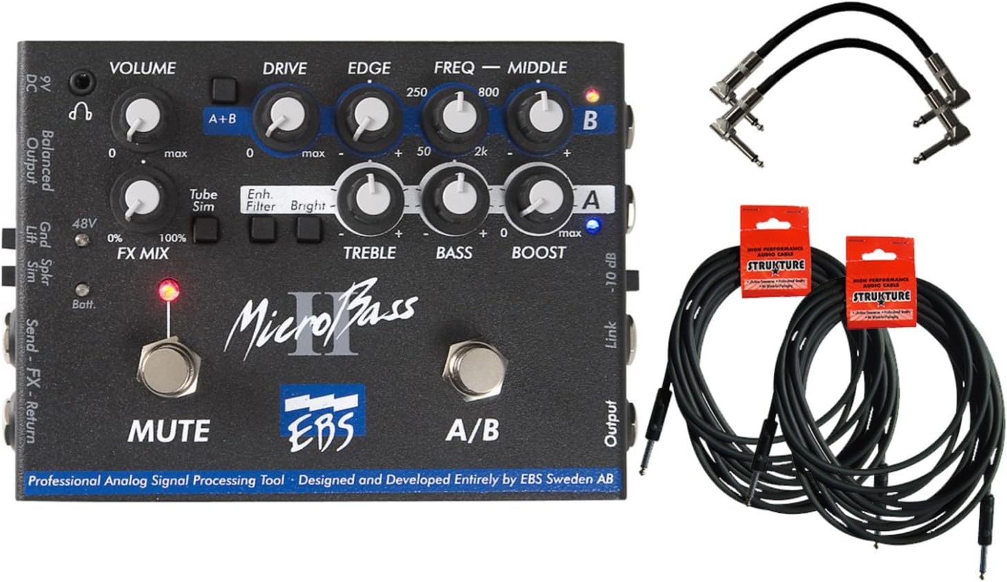 EBS Micro Bass II Preamp Microbass Pedal w/ 4 Cables