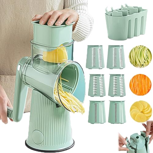 Rallador de queso giratorio 5 en 1, rebanador de verduras, rallador de queso 5 en 1, triturador con 5 juegos de cuchillas intercambiables y base de