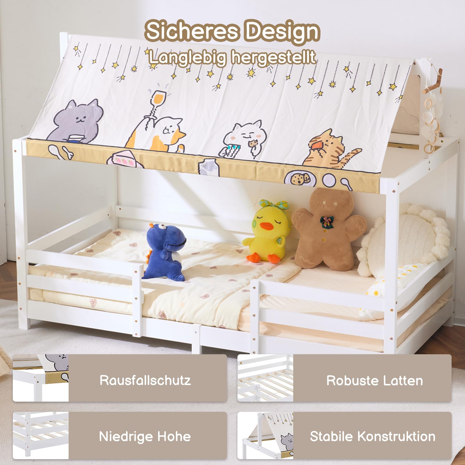 LEADZM Kinderbett Bodenbett 90x200 cm, Kinder Bett Mit Stoffhimmel (Weiß) | Kinderbetten inkl. Rausfallschutz & Lattenrost, Bodenbett Kinder bis 200 kg