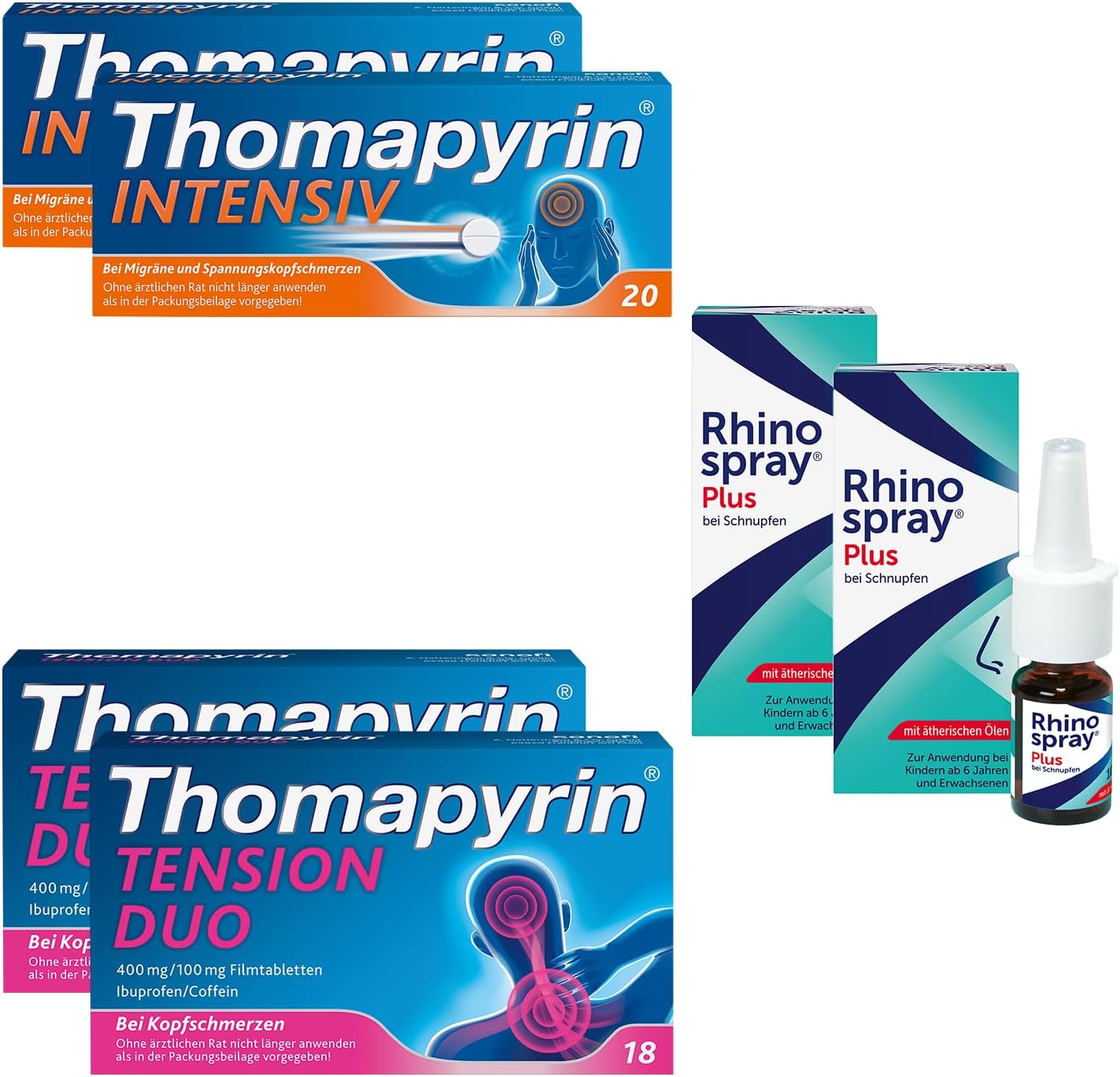 Thomapyrin Intensive Triple Combination for Headaches and Migraines 2 x 20 Pieces + Thomapyrin Tension Duo for Cold Headache 2 x 18 Pieces + Rhinospray Plus for Nose Spray for Runny Nose 2 x 10 ml