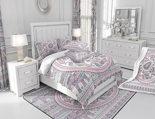 Miniatura 6 de Manfei Juego de edredón bohemio tamaño matrimonial, juego de ropa de cama con estampado de elefante bohemio de 3 piezas para niños y niñas,