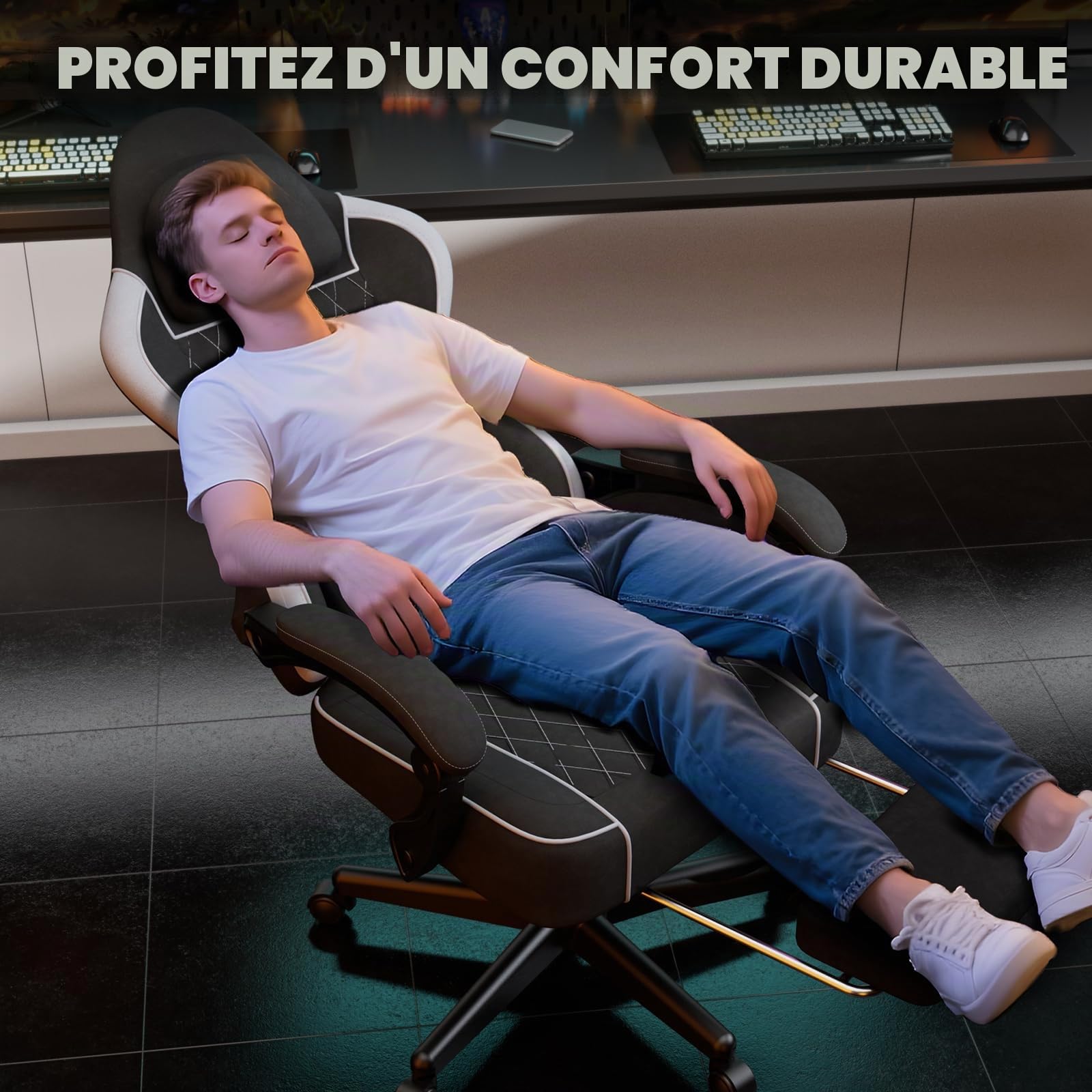Soontrans Chaise Gaming Ergonomique avec Coussin Lombaire Massage, Chaise Gamer，Fauteuil Gaming avec Repose Pieds télescopique&Appui tête&Dossier Inclinable à 160°, Tissu Velours, 136 kg（Noir&Gris）