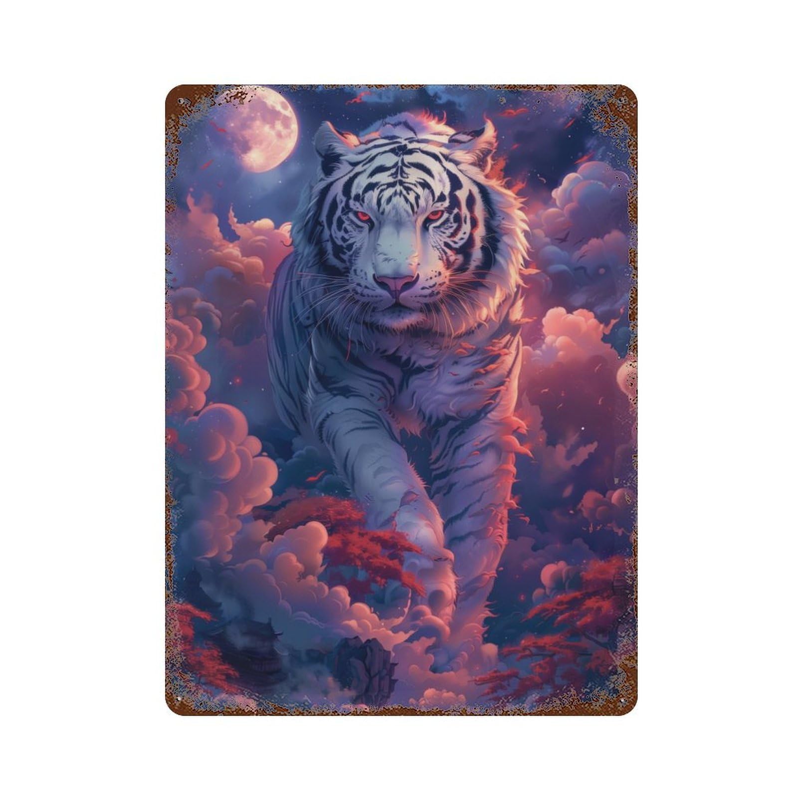 Distressed Metal Wall Sign with Tiger Japanese Fantasy Art Design 15.7"x11.8", for Farmhouse, Kitchen And Entryway Decor, Old School Wall Decor