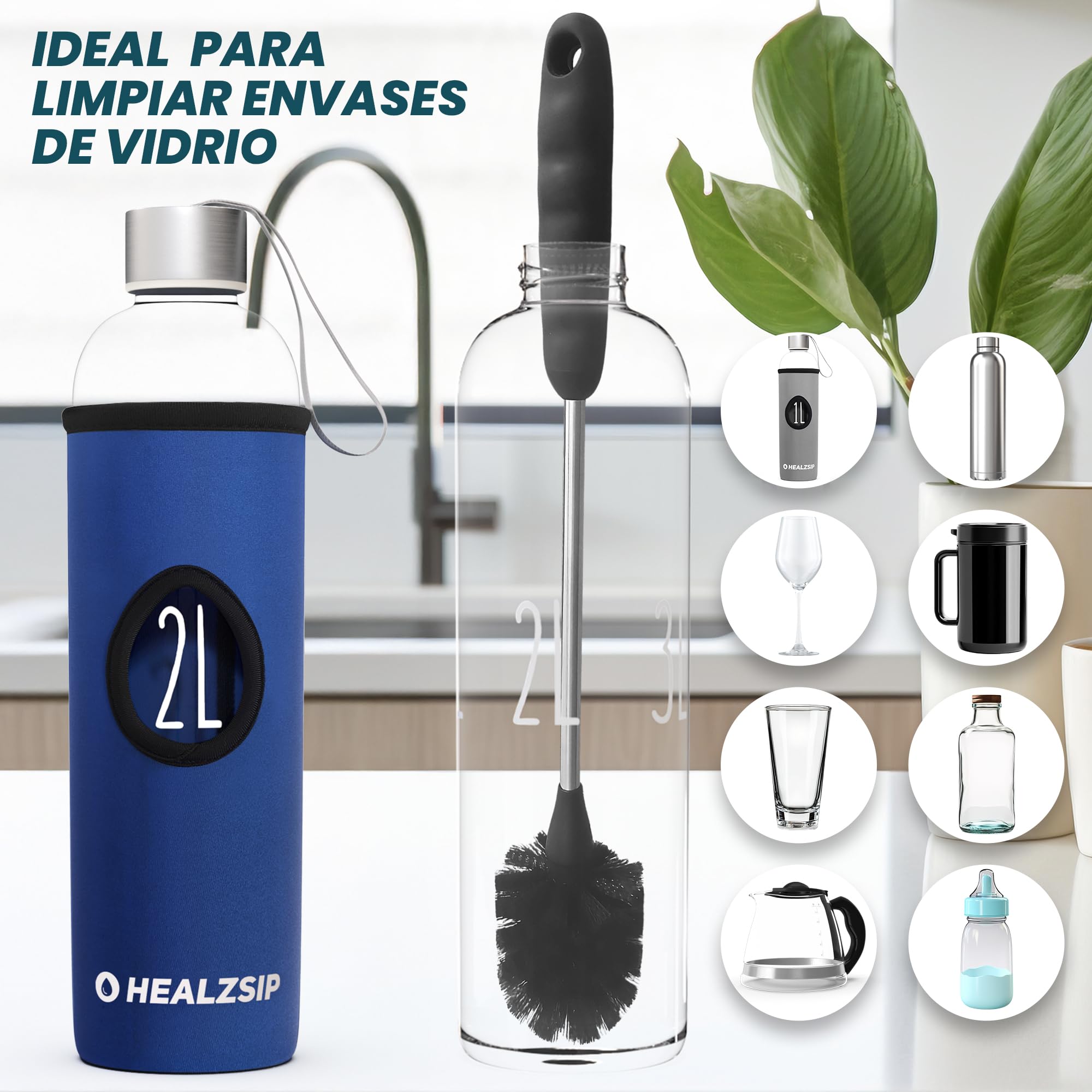 Cepillo de Limpieza para Botellas y Biberones - Mango de Plástico y Acero Inoxidable - Cerdas de Nylon Resistentes - Cepillo para Limpiar Botellas y Recipientes de Vidrio o Plástico
