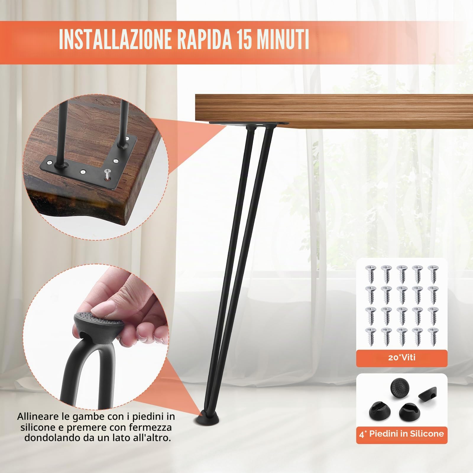 Homtone 4 forcine per capelli, gambe da tavolo, in metallo, colore nero, con protezioni per pavimento e viti, gambe da tavolo fai da te per tavolini, stand notturni, sgabelli (40 cm/16 pollici)