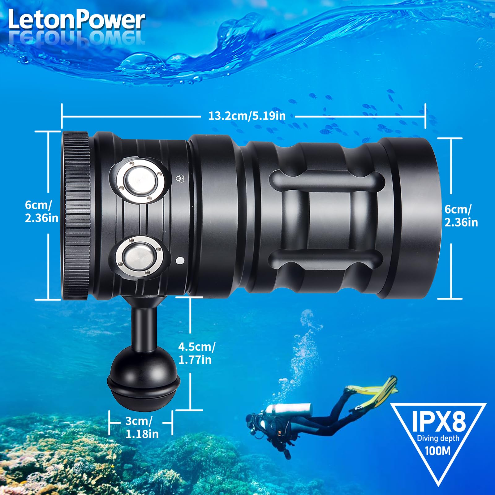 Turbo SX Unterwasser Videoleuchte 11000 Lumen - Tauchlampe 120° Weitwinkel, CRI 95, 5500K, USB-C aufladbar, wasserdicht bis 100m für Unterwasserfotografie & -videografie