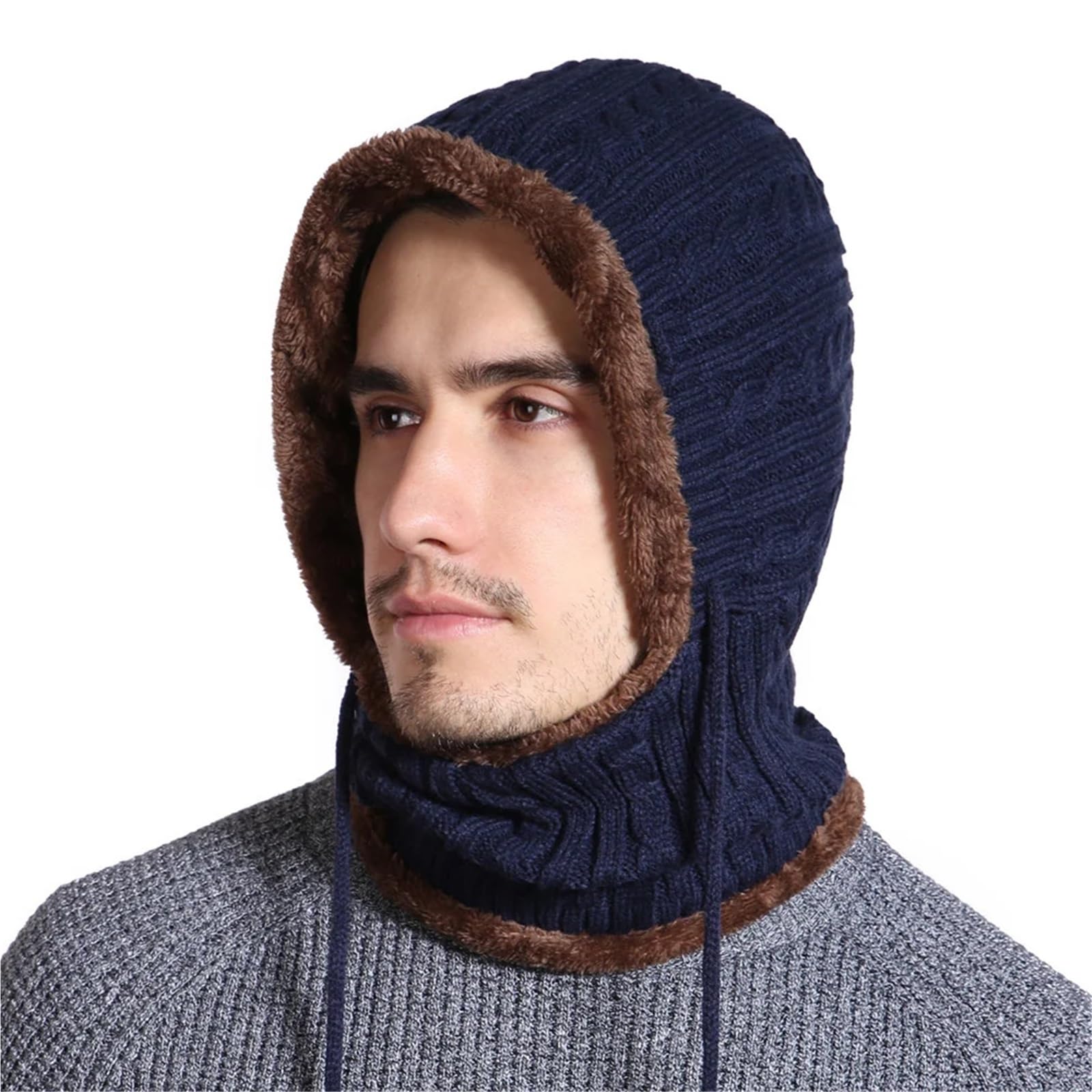 Unisex Winter Knitted Hat with Neck Protection, Warm Beanie Cap for Men & Women, Outdoor Hat(Black)