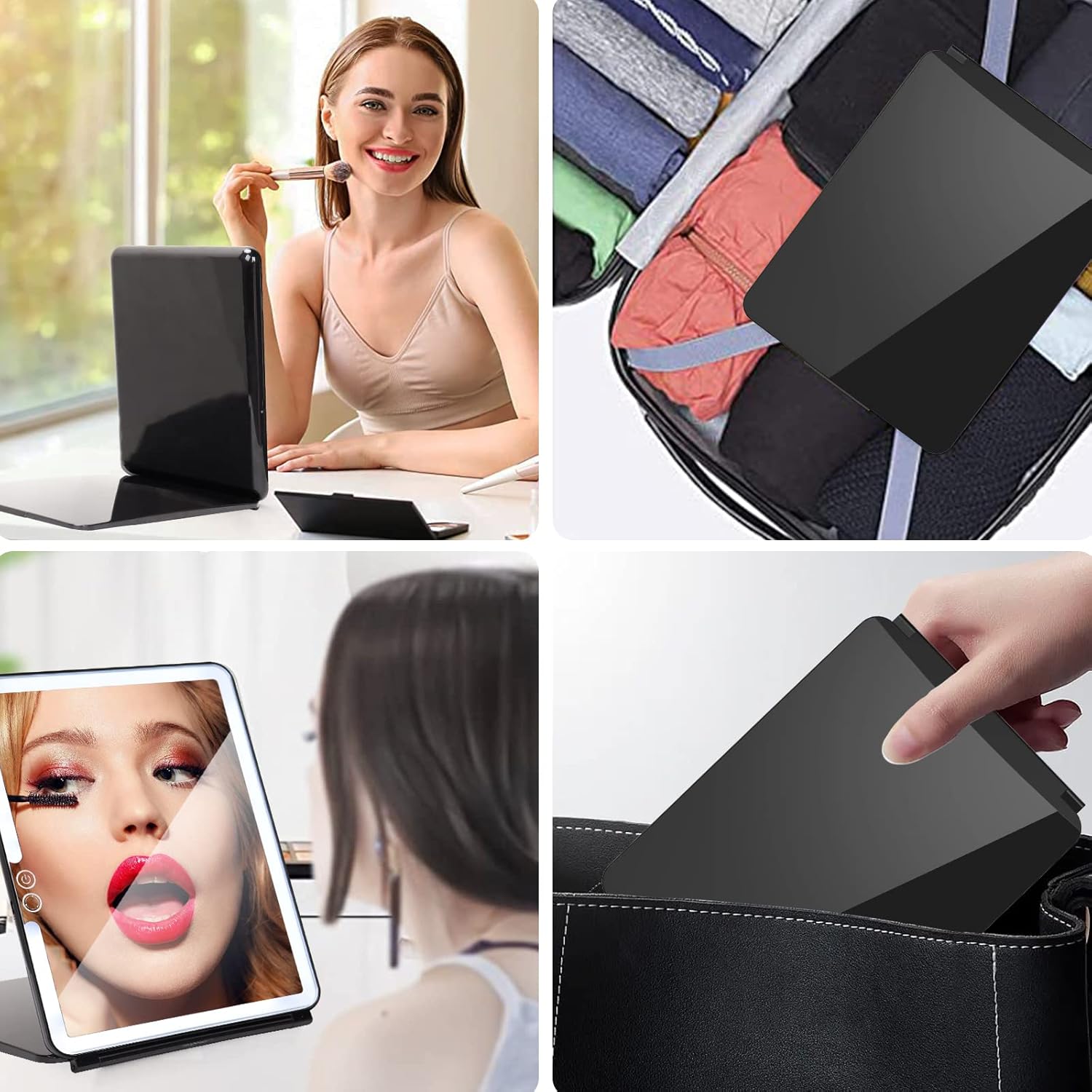 LED Light Travel Makeup Mirror, 3X 5X Magnifying Vanity Mirror USB Charge Foldable Standing Mirror Touch Screen 3 Colors Brightness Adjustable Portable Cosmetic Mirror for Travel Makeup