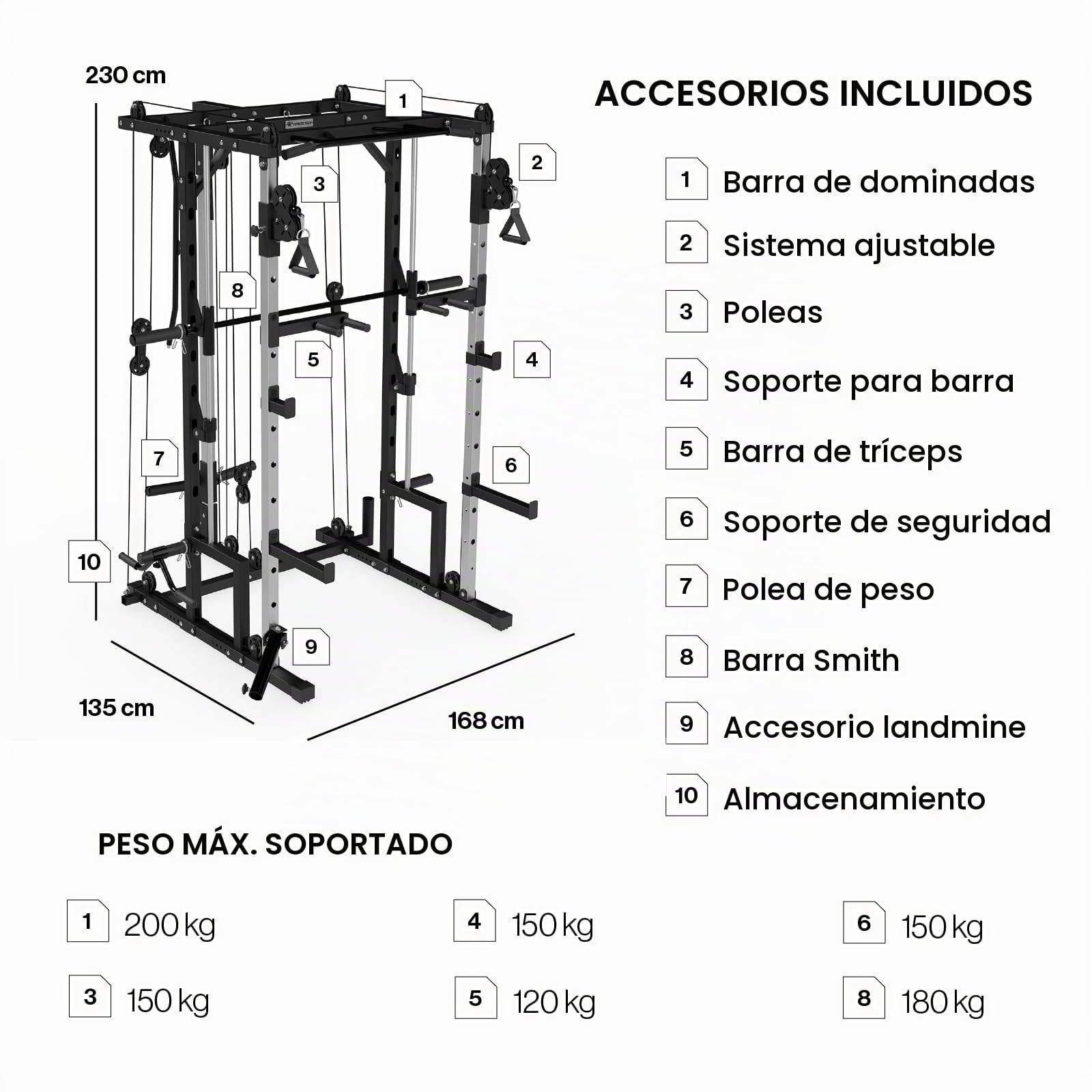 Smith Machine S5000 - Jaula de Musculación Multiestación - Entrenamiento Completo de Alta Resistencia - Entrena en Casa o el Gimnasio - 168 x 135 x 230 Cm