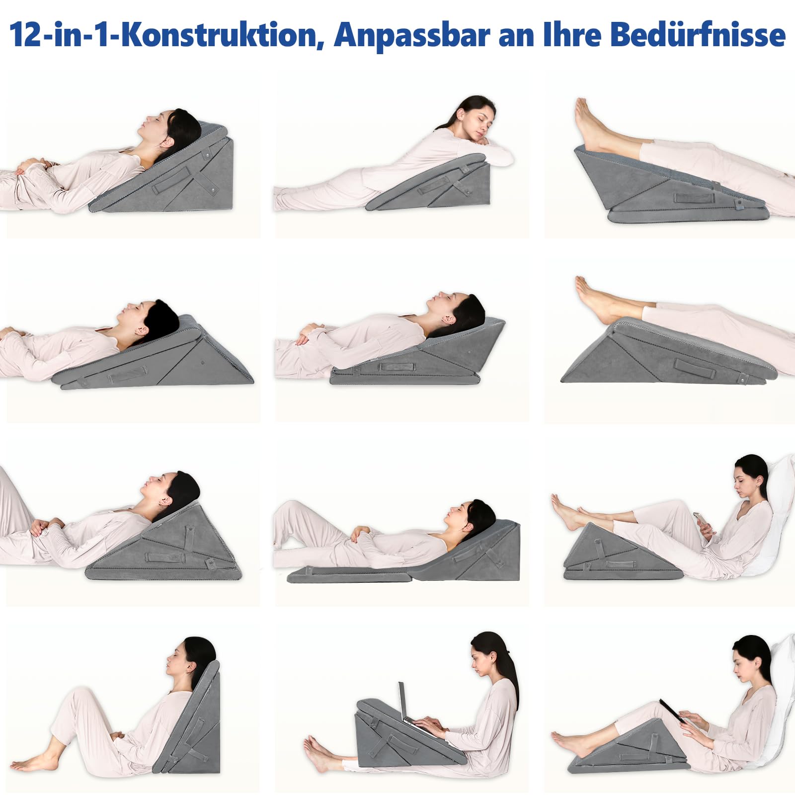 KingPavonini Keilkissen Bett nach Operationen, 4 Höhen verstellbar, Grau | Refluxkissen verstellbar in 4 Höhen 19/23/28/30,4cm, für Rücken, Beine, Knie, Acid Reflux, GERD, Sodbrennen, Schnarchen
