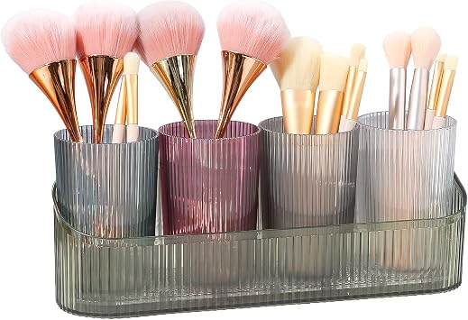 DASITON Makeup Brush Holder Organizer with 4 Cup, Vintage Striped Make Up Brush Holder for Vanity, Bathroom Toothbrush Holders, Acrylic Cosmetic Brushes Storage Organizer Pen Holder Green+Multicolor