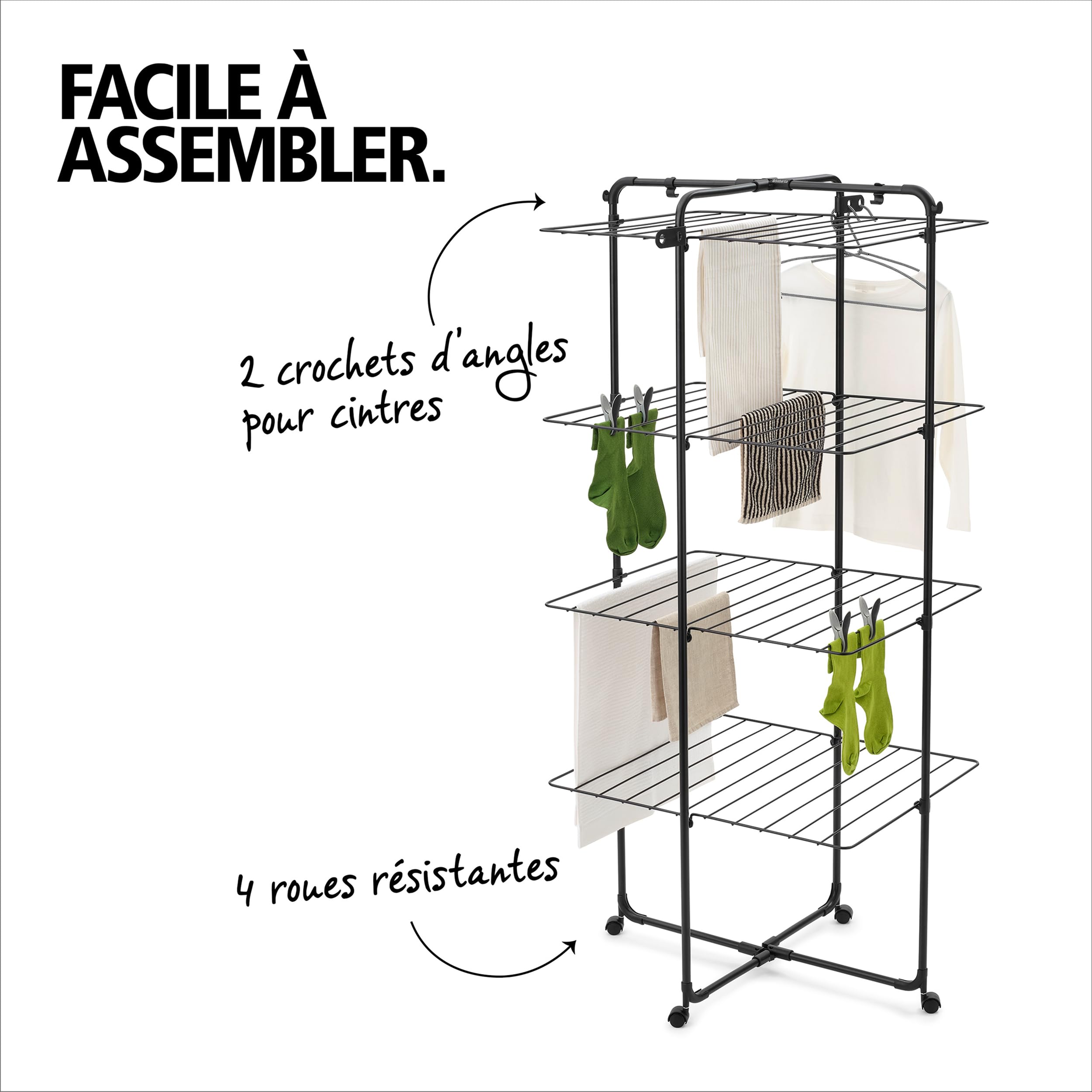 Brabantia Étendoir à Linge Tour HangOn de, 30 mètres (Noir Mat) – Séchoir à Linge Ajustable à Large capacité, Pliable et Compact – Étendoir en Tour avec Roues et Crochets pour ceintres