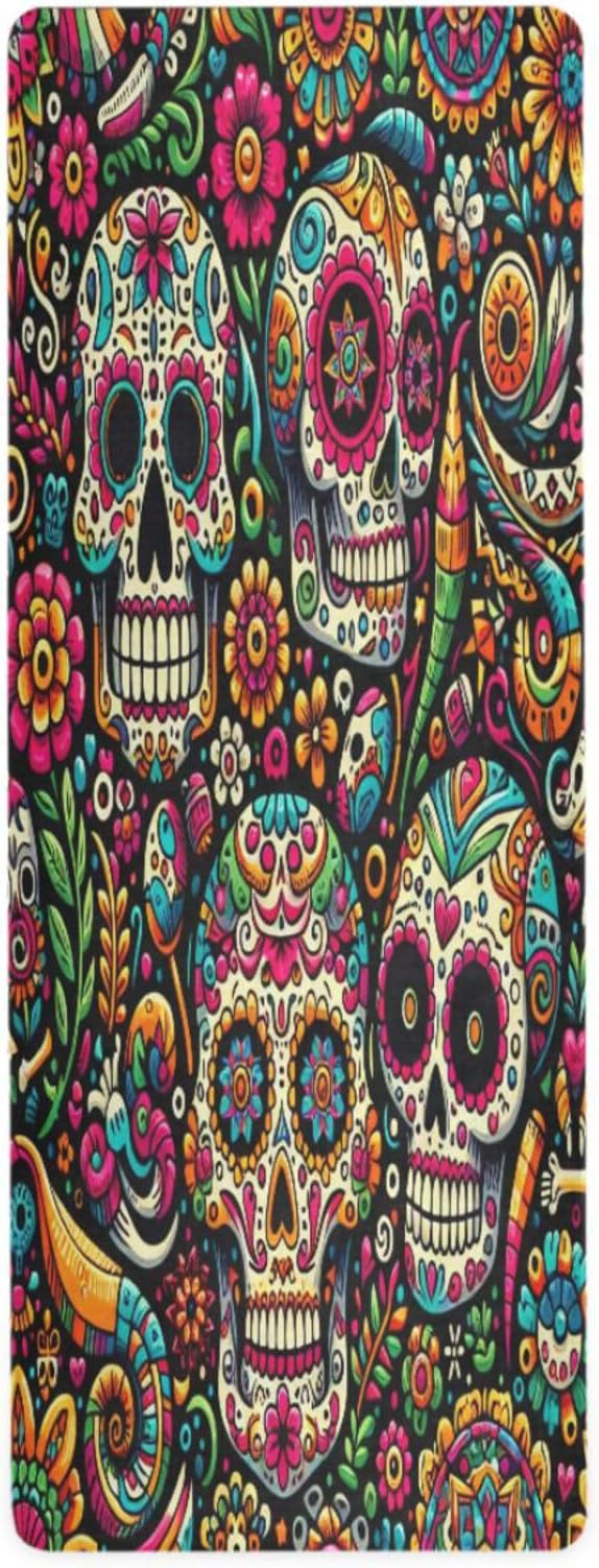 Sugar Skull Pattern Yoga Mat Durable & Thick Gym Fitness Mat,Non Slip Natural Rubber Yoga Mat for Yoga, Pilates & Floor Workouts