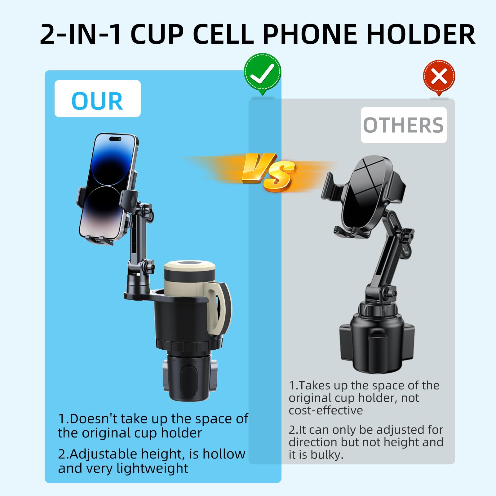 Baynice Cup Phone Holder for Car, Universal [No Shaking] Cup Holder Phone Mount with Expandable Base for Car Truck, Adjustable Neck,Compatible with iPhone Samsung Most Smartphones and Drink Bottles