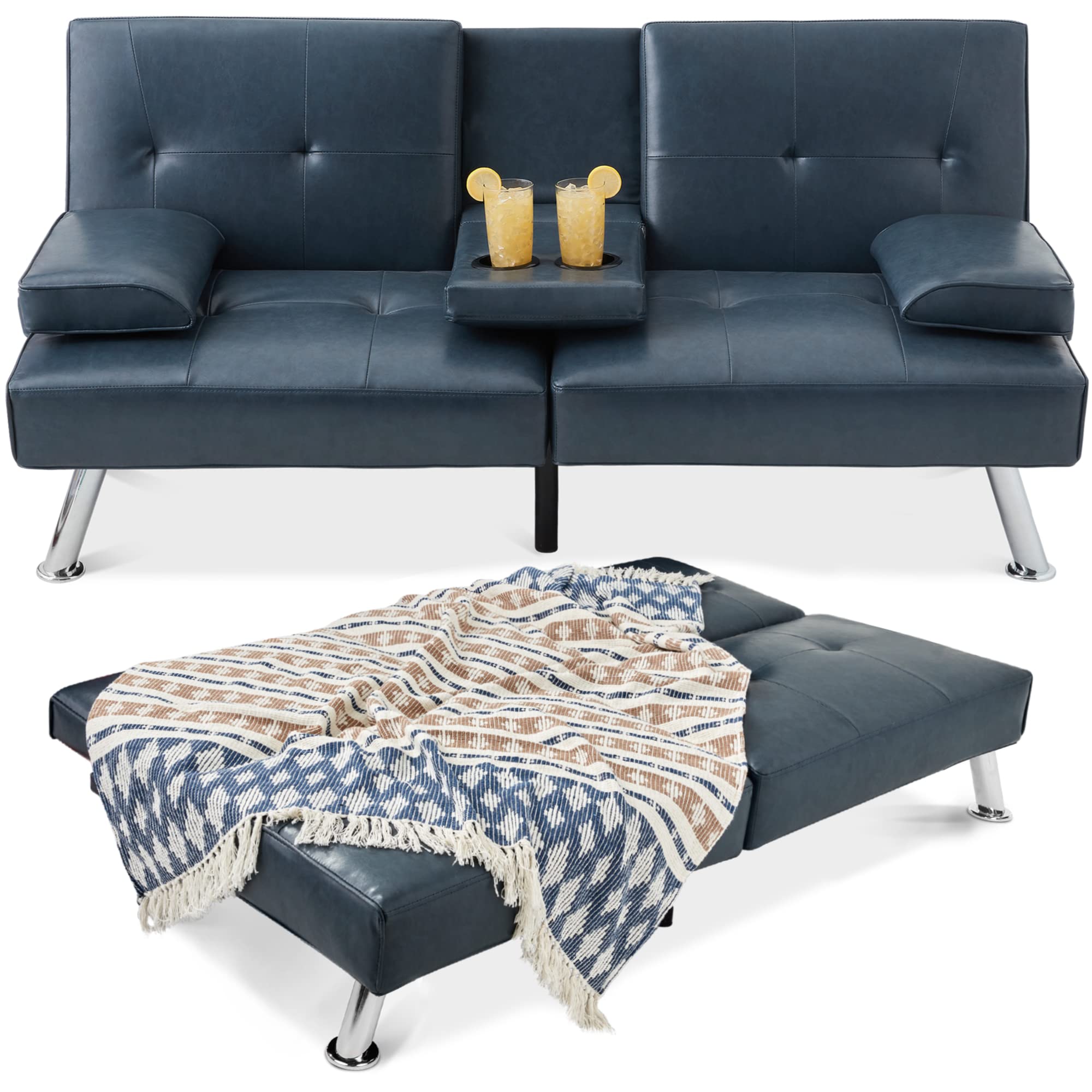 Best Choice Products Faux Leather Upholstered Modern Convertible Folding Futon Sofa Bed for Compact Living Space, Apartment, Dorm, Bonus Room w/Removable Armrests, Metal Legs, 2 Cupholders - Blue