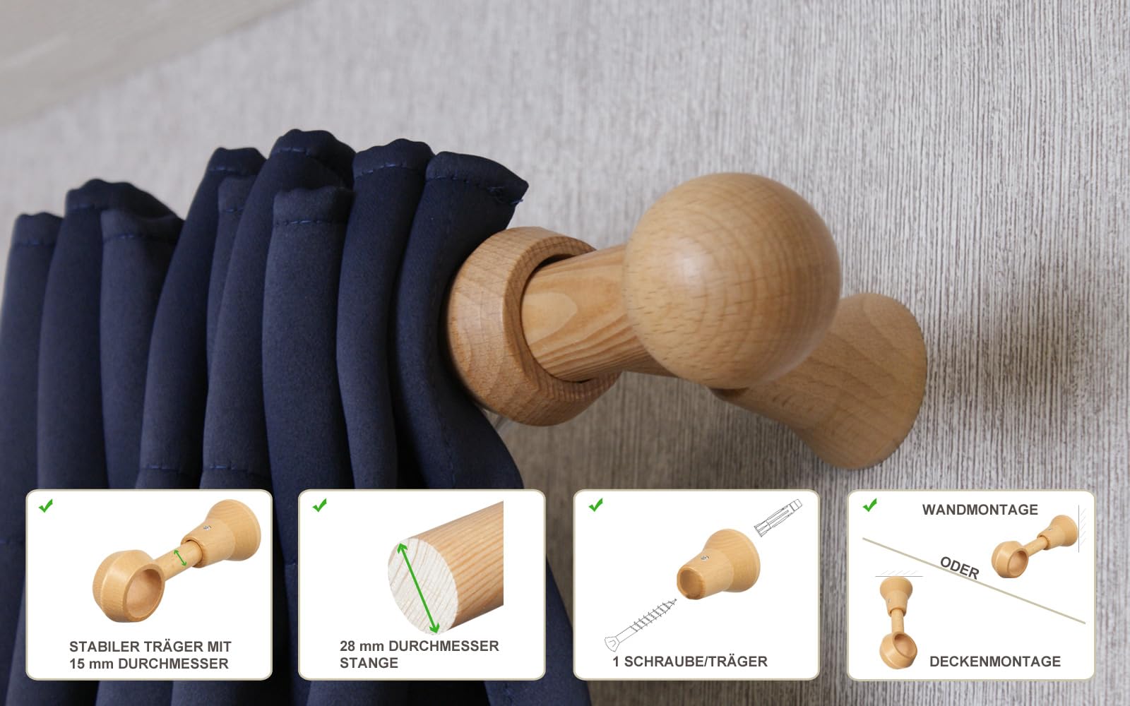 iso-design Holz Gardinenstange mit Endstück Kugel Farbe Eiche hell, 28 mm Durchmesser, Gardinenstange mit Gardinenringen 260 cm (mittig geteilt)