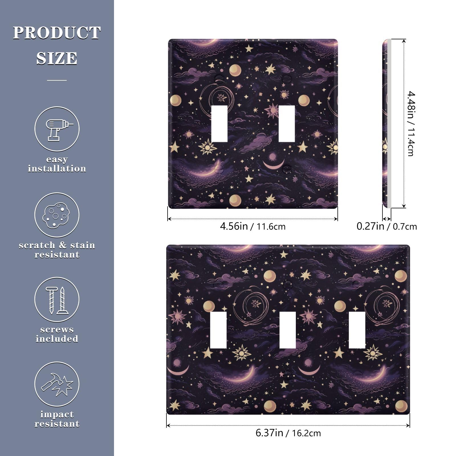 Light Switch Cover Moon Star Boho Wall Plates for Electrical Outlets 3 Gang 202a8602