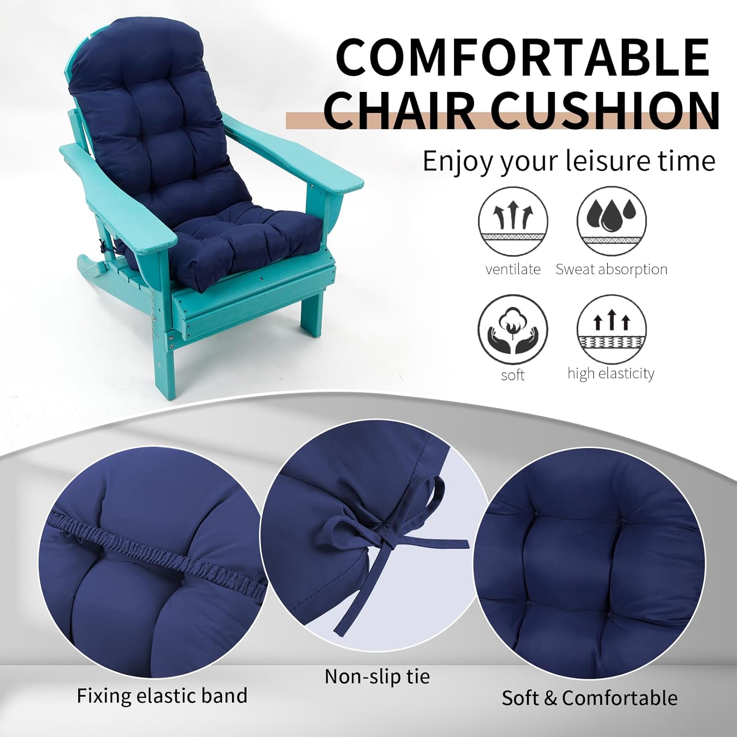 Adirondack Chair Cushion, High Back Patio Chair Cushions 48 x 19.7 x 4.7 Inch, Indoor/Outdoor Thickened Rocking Chair Cushion, Fade-Resistant & Waterproof (Dark Blue, Set of 1)