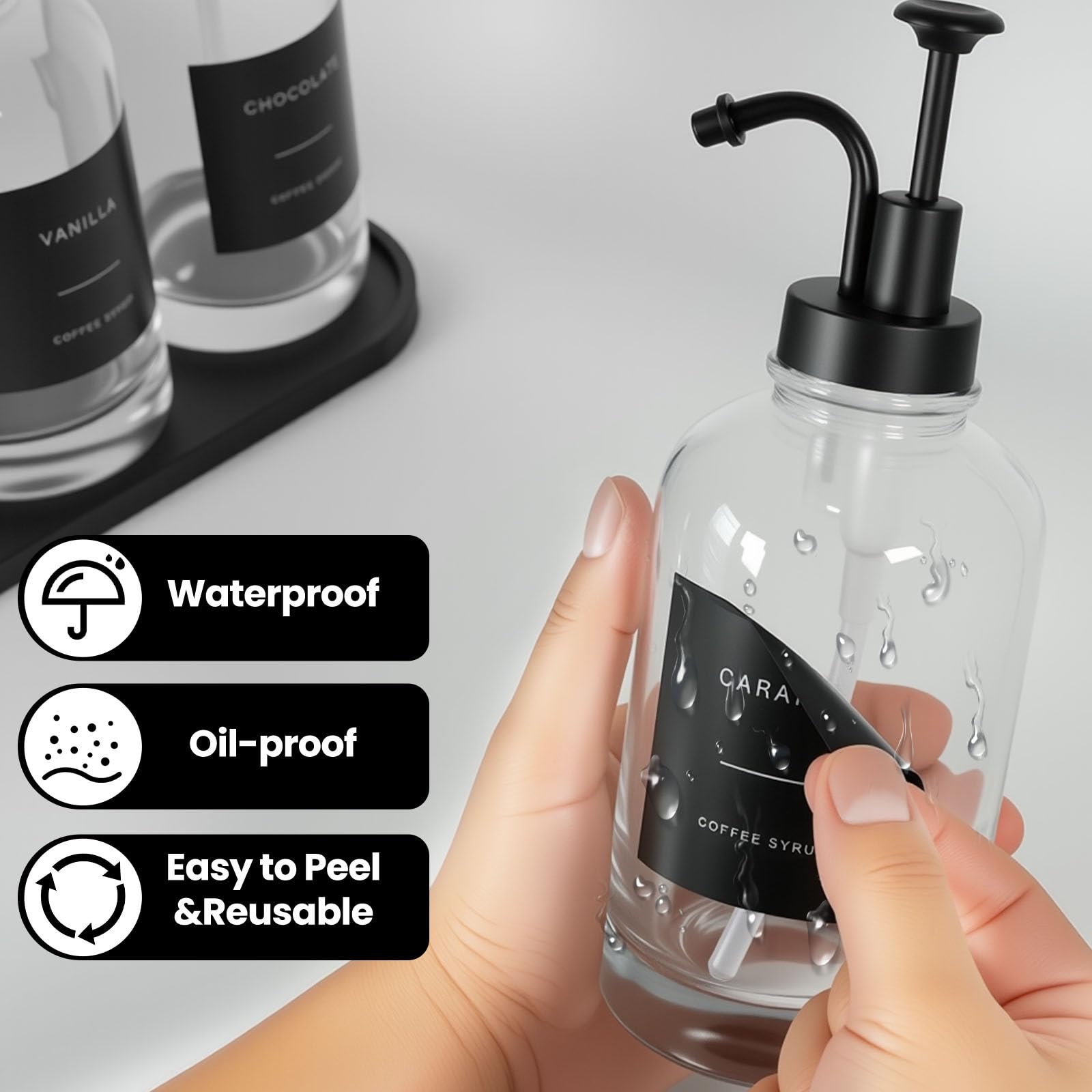 Sunal Kaffee Sirup Spender,Set of 3 Glas Sirup Spender,500ml/16,9 oz Schwarz Honig Pump Flasche mit 36 Wasserdichten Etiketten,1 Tray und 1 Silikon Trichter für Küche Kaffee Bar