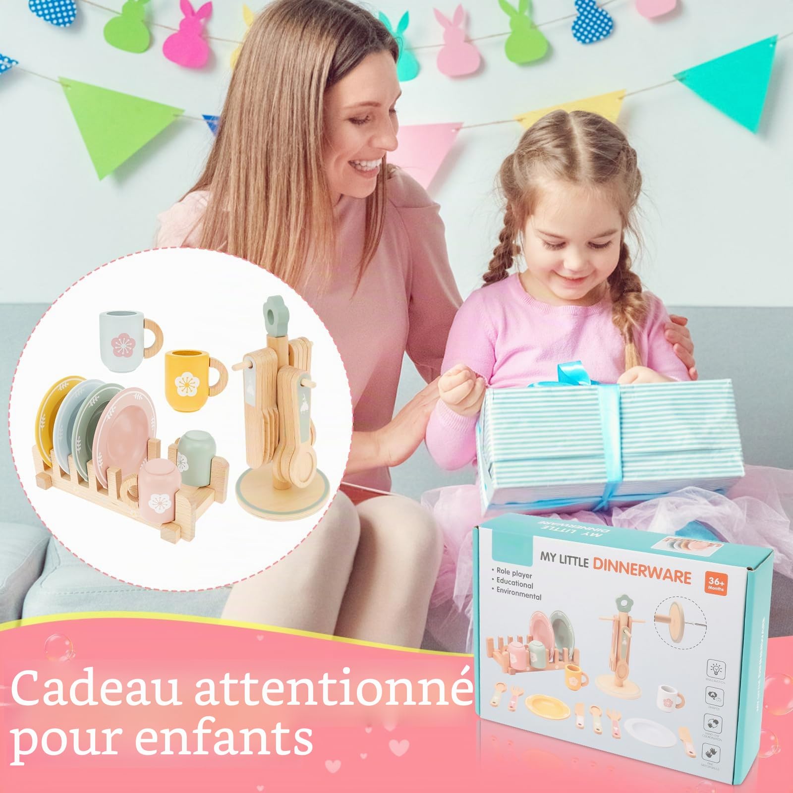 Set de cuisine pour enfants, jeux de cuisine bois, casseroles et plaques, 4 assiettes, 4 tasses, 4 couteaux, 4 fourchettes, 4 cuillères, support, convient aux garçons et filles, âge 3/4/5 ans