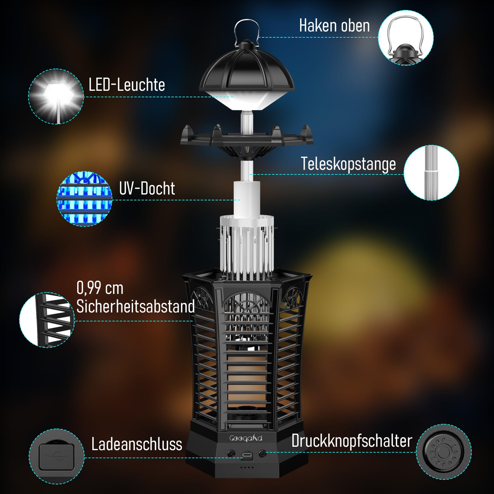 Insektenvernichter Elektrisch mit LED-Beleuchtung, Mückenfalle mottenfalle für Innen Außen 4000mAh Akku, IPX4 wasserdicht, Sicher, ungiftig & Geruchsneutral,Schlafzimmer,Küche,Wohnzimmer