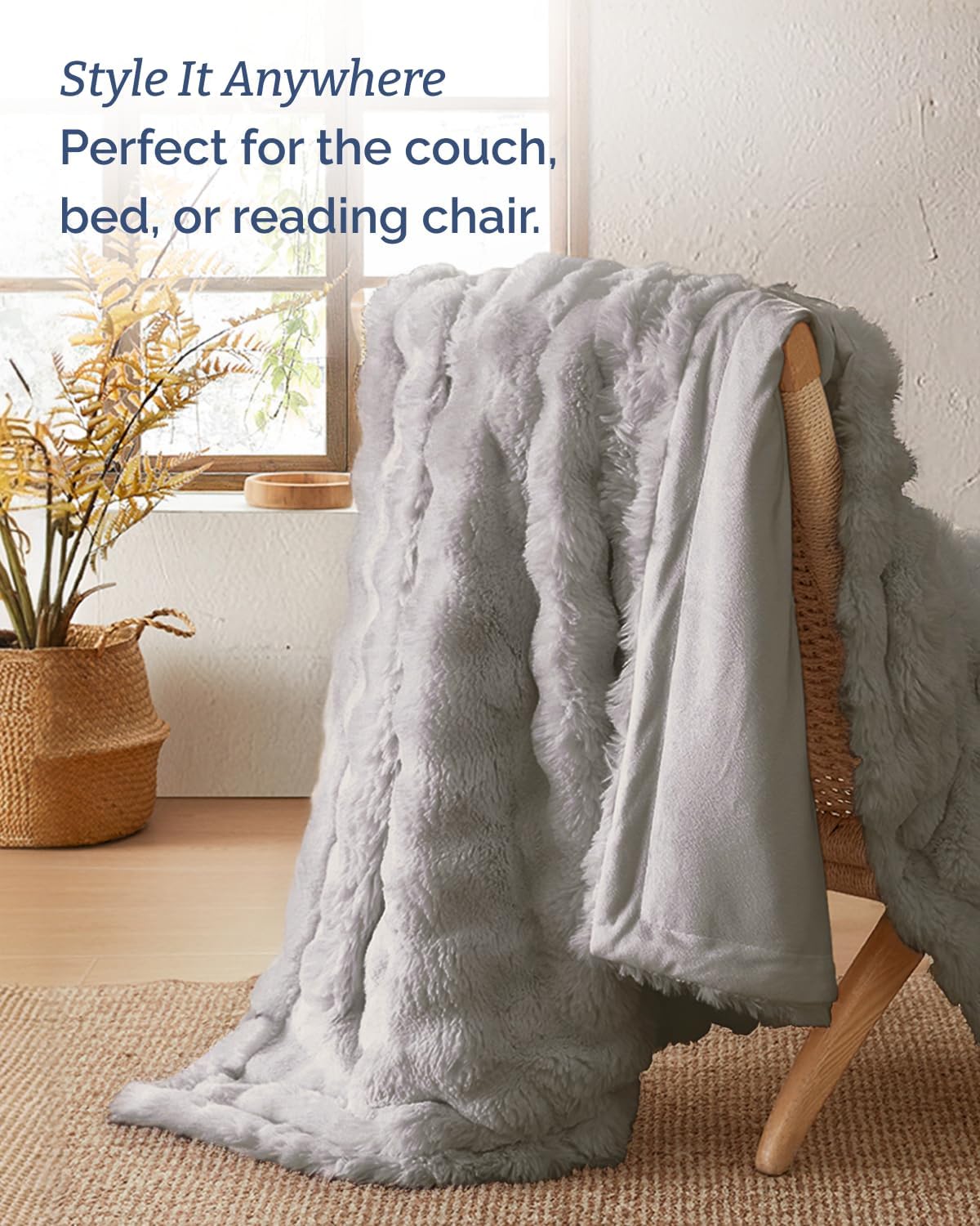 Faux Fur Throw Blanket - Throw Size Bubble Blanket - 50" x 60", Grey image 5