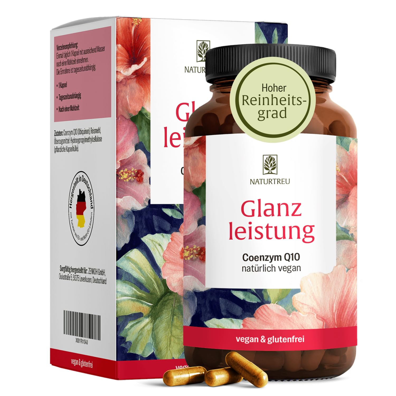 NATURTREU® Coenzym Q10 Kapseln hochdosiert mit 200mg pro Kapsel - 90 vegane Kapseln für 3 Monate - reines Ubiquinon aus pflanzlicher Fermentation - 100% vegan