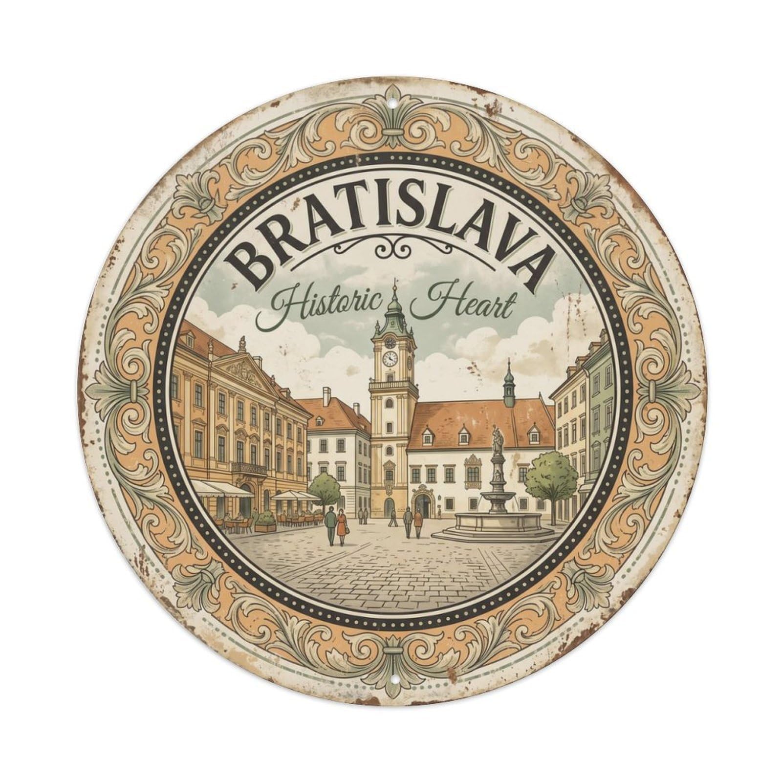 Vintage Travel Oldtown Bratislava Historic Metal Tin Sign Plaque Wall Decor for Cafe, Club Bar, Office, Home Garden Round Metal Poster 8x8Inch