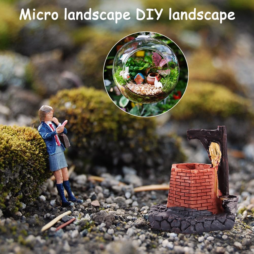 2 Pcs Fairy Garden Accessories, Miniature Garden Stone House and Water Well,Resin Village House,Mini Fairy Cottage House, Micro Landscape Decoration,for Potted Plant Bonsai Terrarium Decor