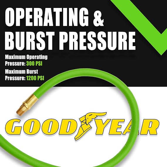 Goodyear 50' x 3/8 Grn Hybrid Air Hose - 300 PSI Working Pressure - 1200 PSI Working Pressure - Kink Free - 100% Brass 1/4 NPT Fittings - Made in USA (Green)