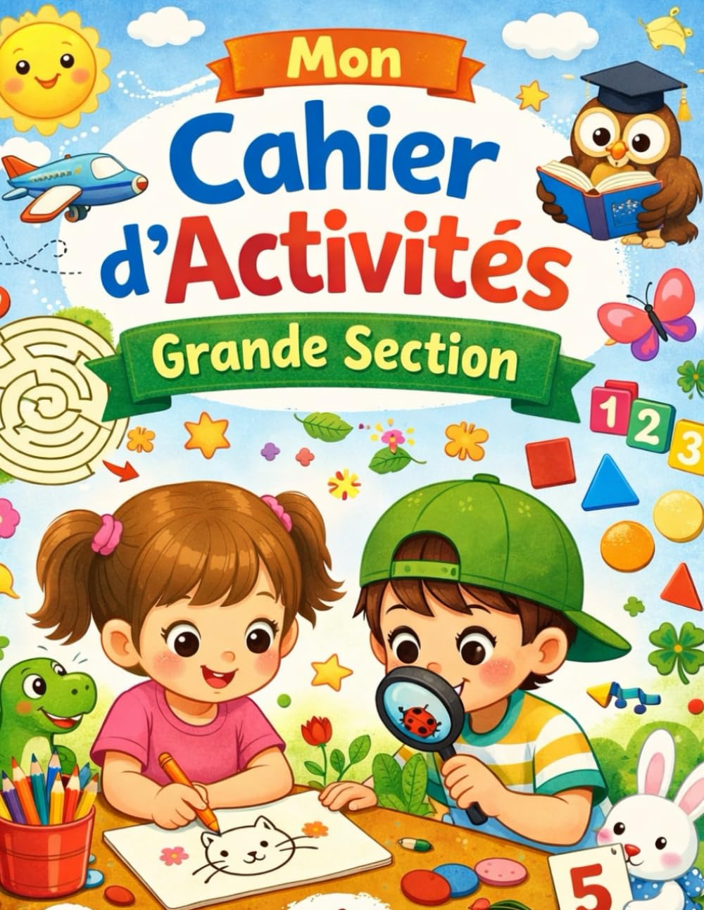 Cahier Grande Section Maternelle – Lecture, écriture, maths et jeux: Graphisme, lettres, chiffres, logique, jeux éducatifs , coloriages – Dès 5 ans