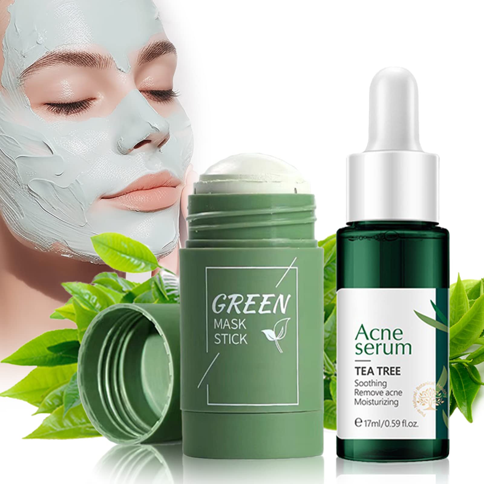 merchamGreen Tea Cleansing Mask Stick with Tea Tree Acne Serum, Blackhead Remover for face, Remove Acne & Pore, Oil Control & Hydrating Face Mask, Face Masks Skincare for All Skin Types