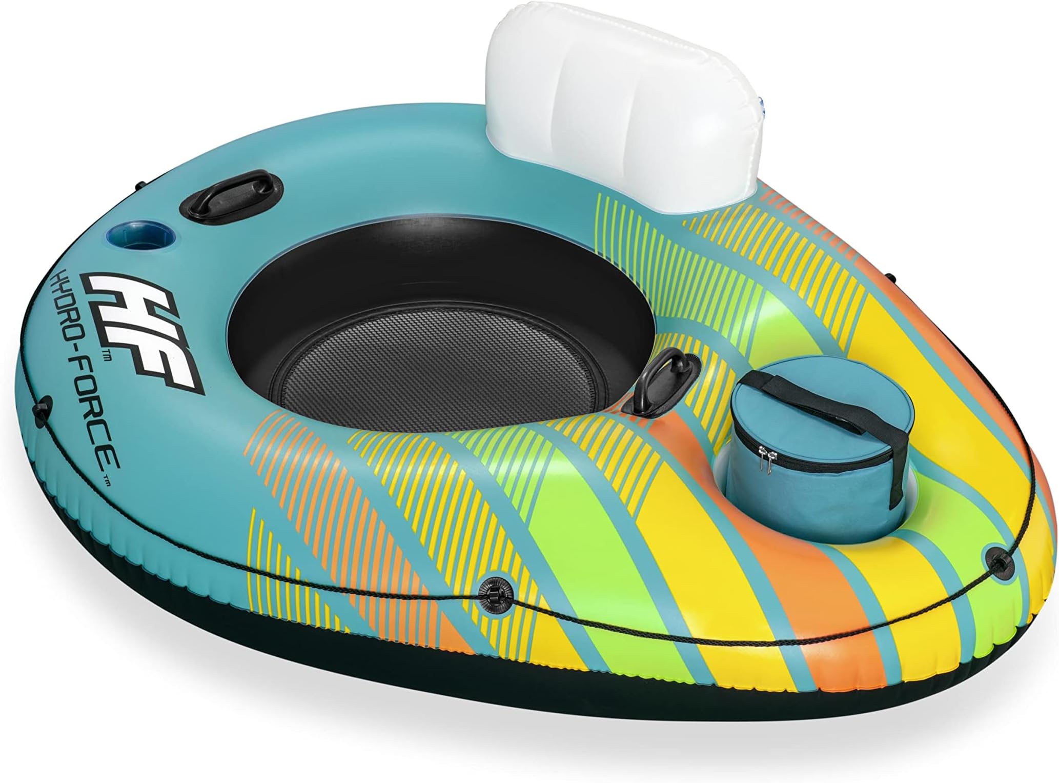 Hydro-Force 43399E Swimming Pool, Lake, River, Beach Inflatable PVC Clasp N Go Inner Tube Ring Float with Cup Holder, Sunkissed Orange and Yellow , Blue