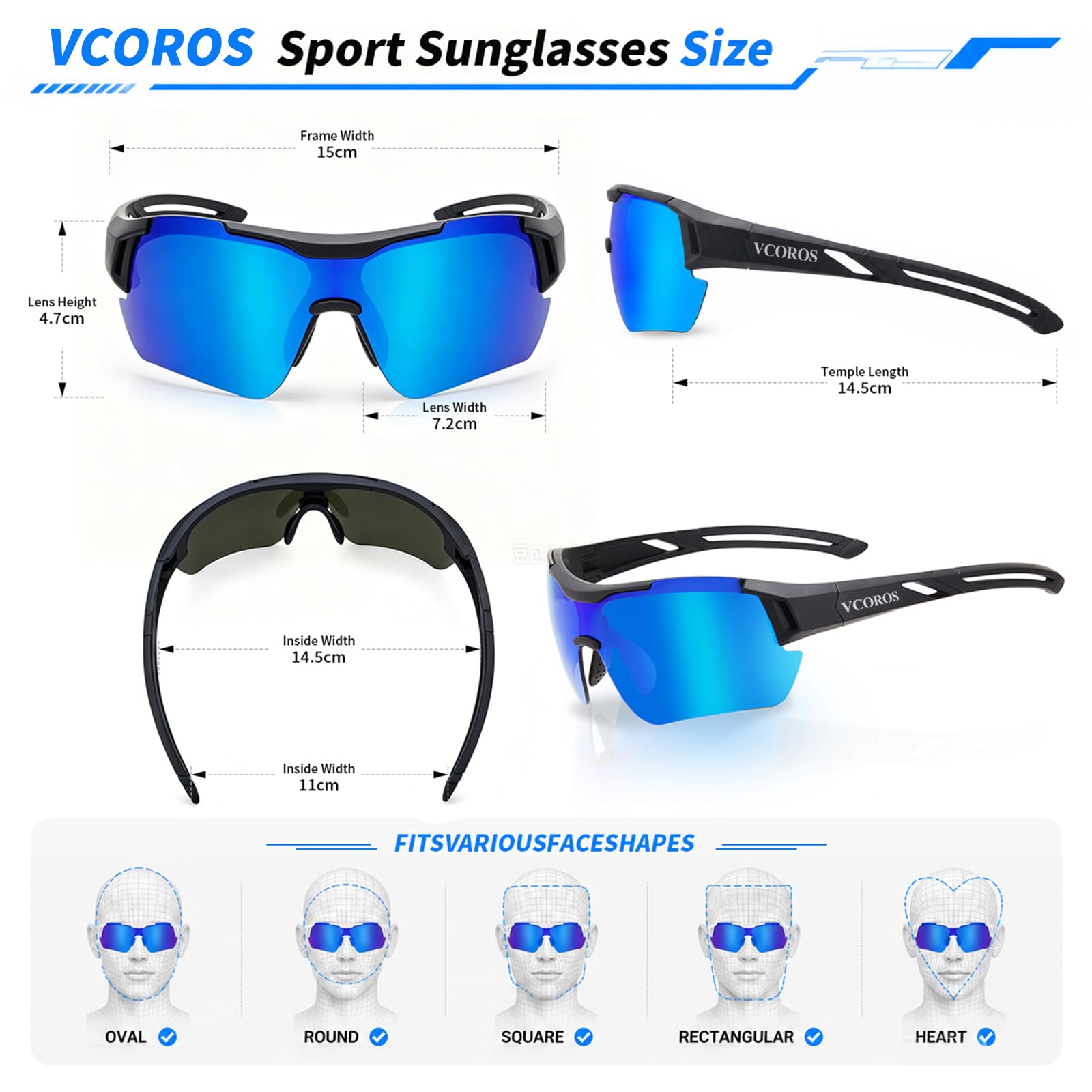 VCOROS Lunette de Cyclisme JN007 Lunettes velo Homme Femme Protection UV400 Monture TR90 Lunette de Soleil Sport pour Cyclisme Moto Pêche Conduire