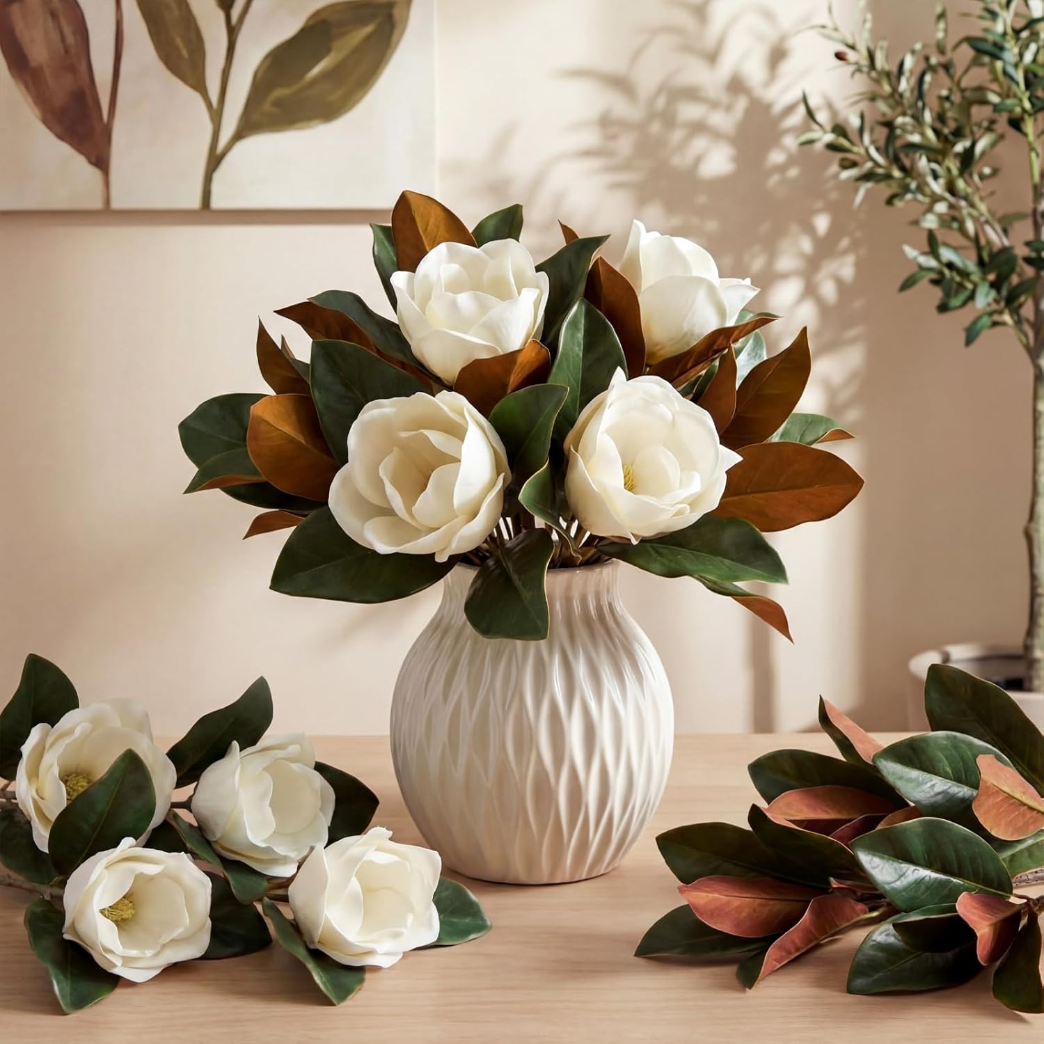 4 Pcs 15.7'' White Artificial Magnolia Flower Stems and Branches for Indoor Outdoor Vase Filling Wedding Bouquet Floral Arrangement Table Centerpiece Home Decor