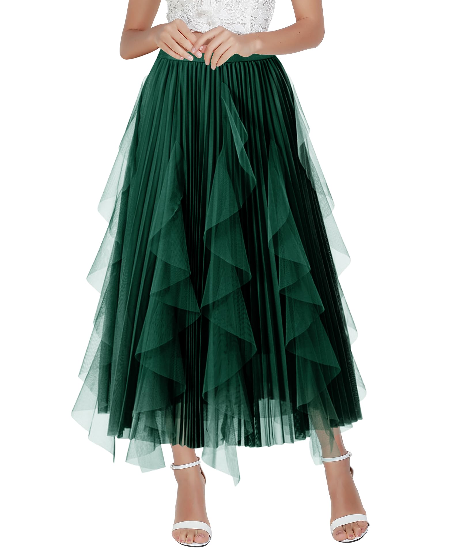 Faldas de tul para mujer, falda tutú escalonada de malla, cintura elástica alta y baja, falda de tul midi para fiesta, Hada Verde, Talla única