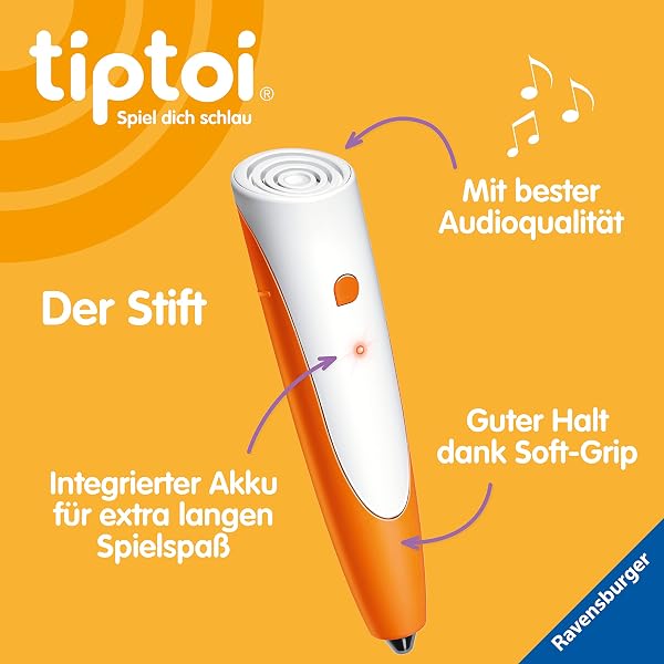 Ravensburger Ravensburger tiptoi Stift und Wörter-Bilderbuch Kindergarten - Lernspielzeug für Kinder ab 3 Jahren - Stylus mit überragender Audioqualität, Akku und Soft-Grip-Hülle - Grün, Orange, Silber - 00113 in use