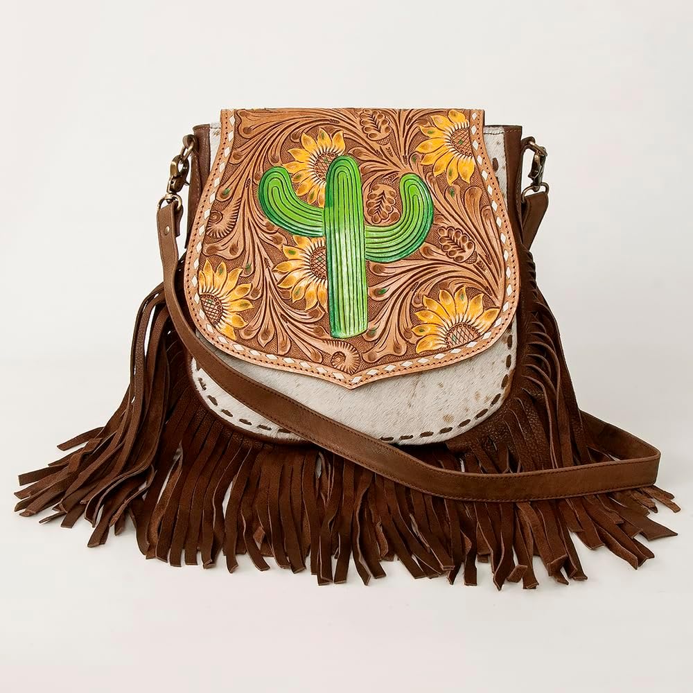American Darling Messenger Bag Hand Tooled Sunflower Cactus Leather Hair-On Cowhide Fringed Western Bag 11.5in x 11.5in