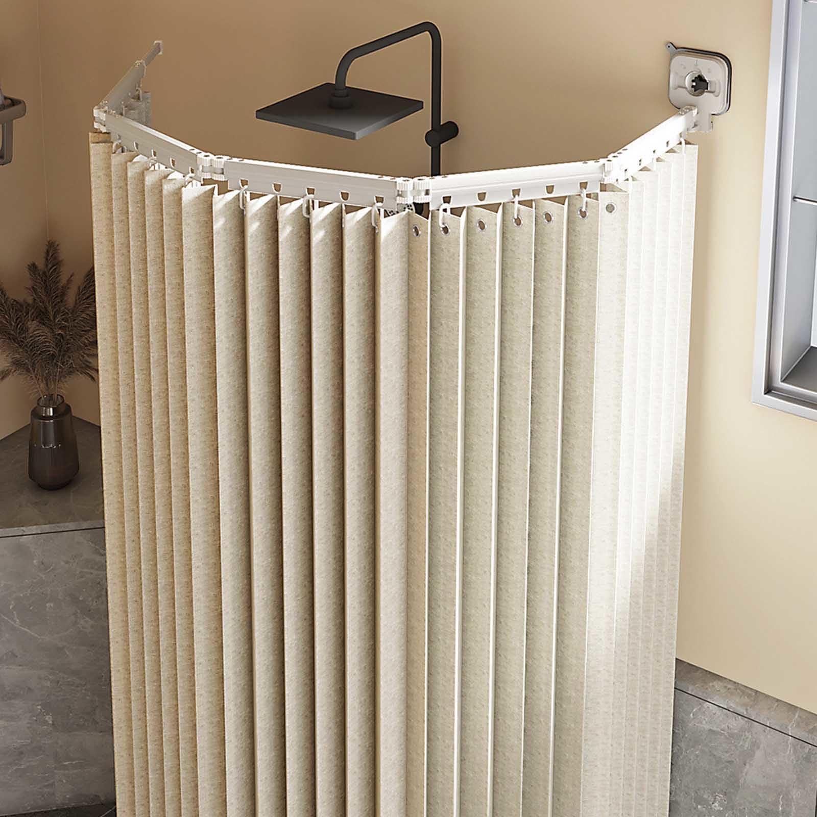 Duschvorhang Ohne Bohren,duschvorhangstange L/u Form Und Starker Saugnapf, Faltbarer Duschvorhänge Anti Schimmel Wasserdicht/waschbar Für Eckdusche, Shower Curtains,Cream-3-Folds