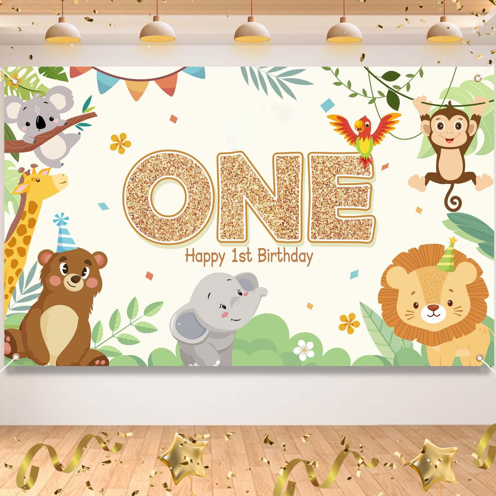 Qpout Jungle Safari Backdrop Banner, 180x110CM Cute Animal Greenery Design, Happy 1st Birthday Decorations for Boys Girls, Photo Background Banner for Baby Shower, Jungle Themed Party Supplies
