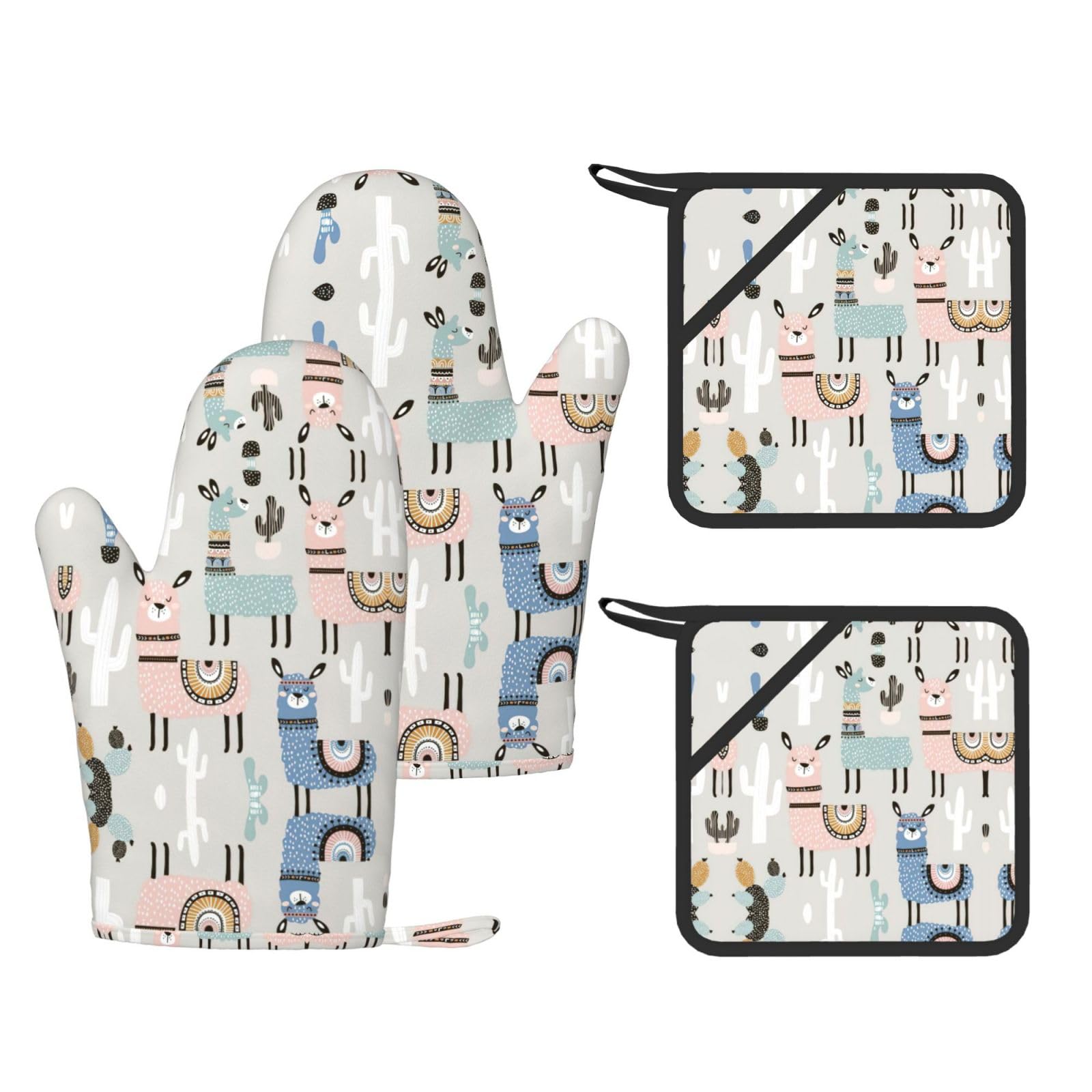 Llama Cactus Printed Pot Holders and Oven Mitts 4-Piece, Non-Slip Kitchen Gloves with Utensil Pocket for BBQ