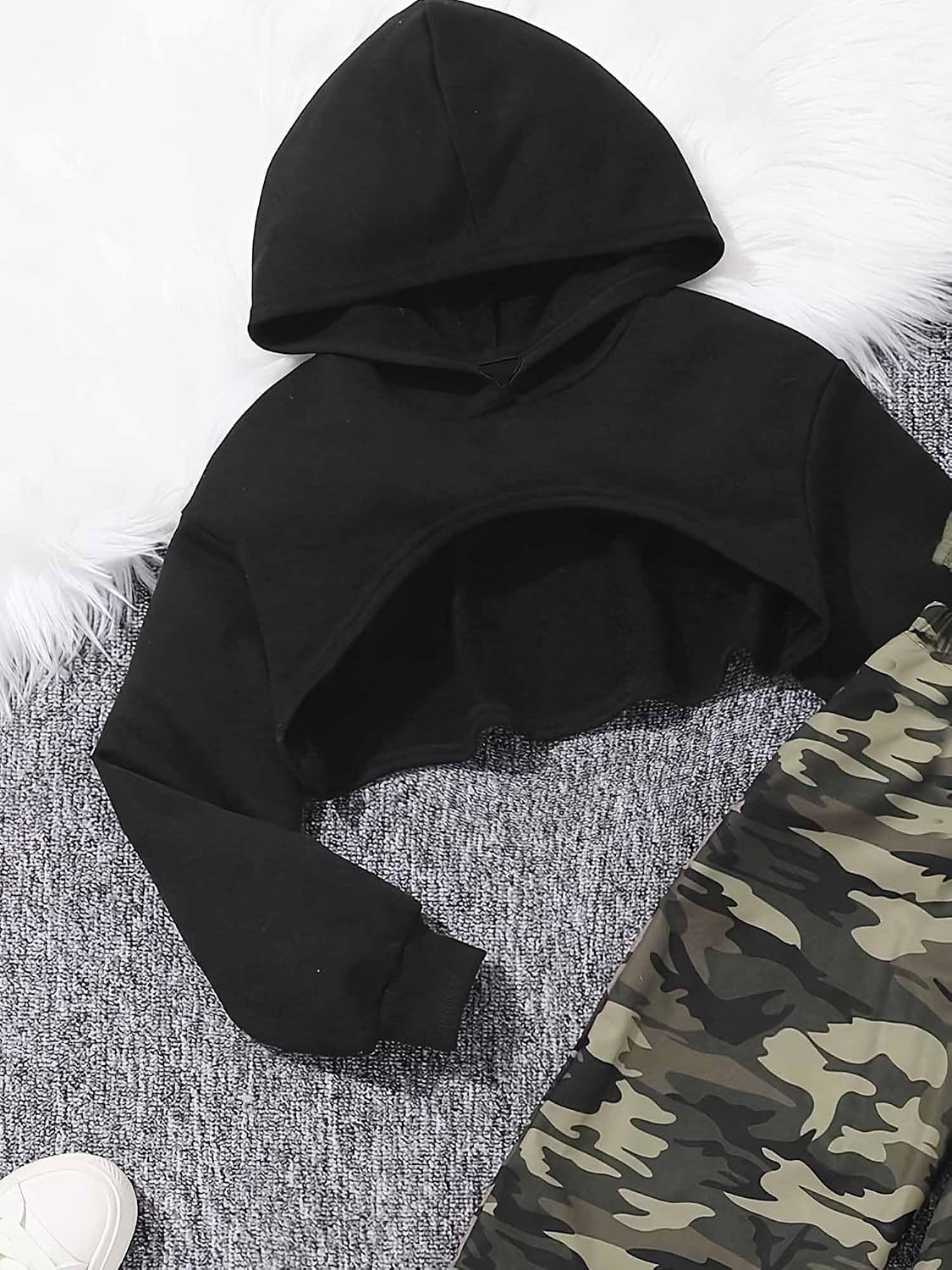 Hansber Kids Camouflage 3Pcs Tracksuit Crop Hoodie Tank Top and Sweatpants for Rave Party Hip Hop Dance Streetwear
